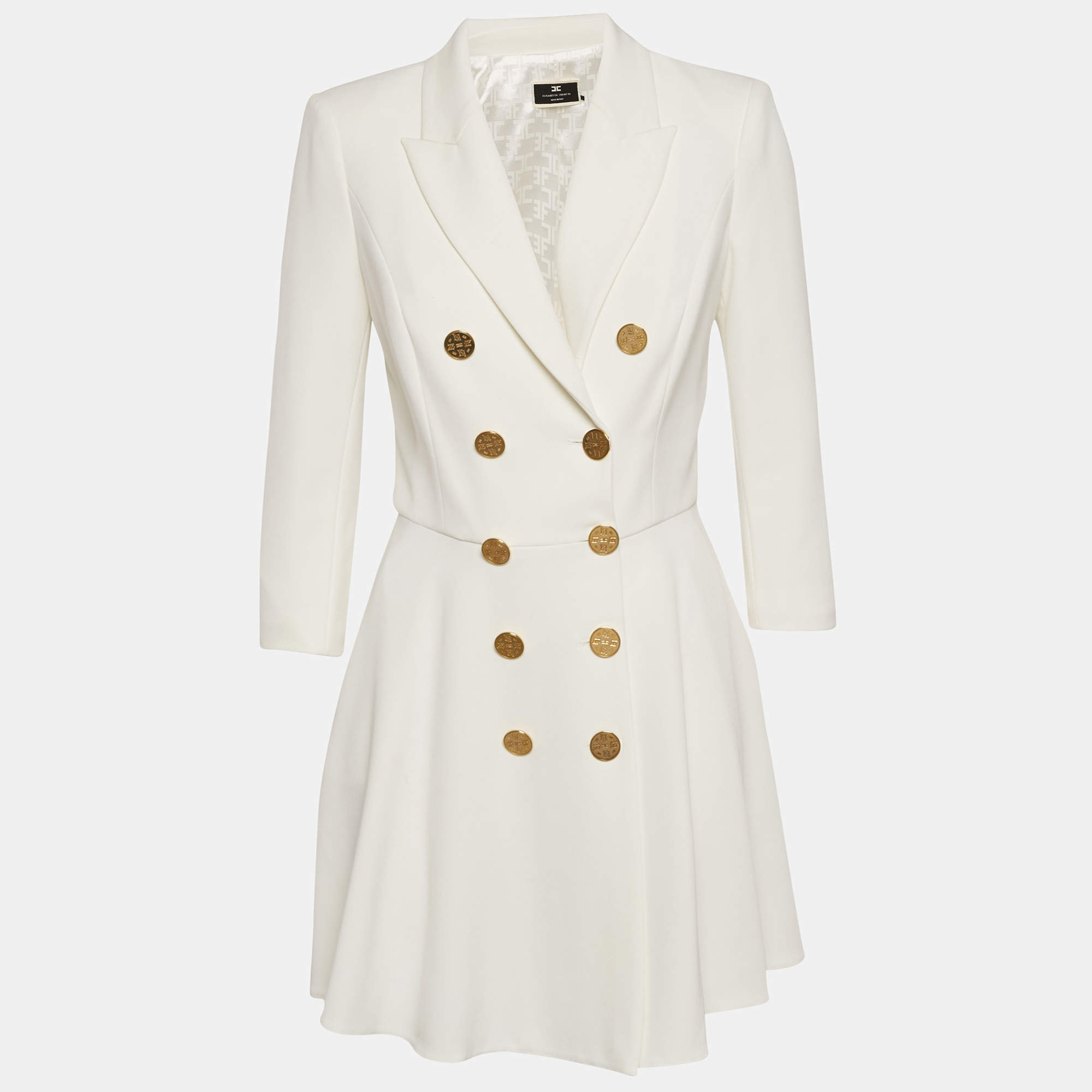 Pre Owned Elisabetta Franchi White Crepe Double Breasted Coat Dress M