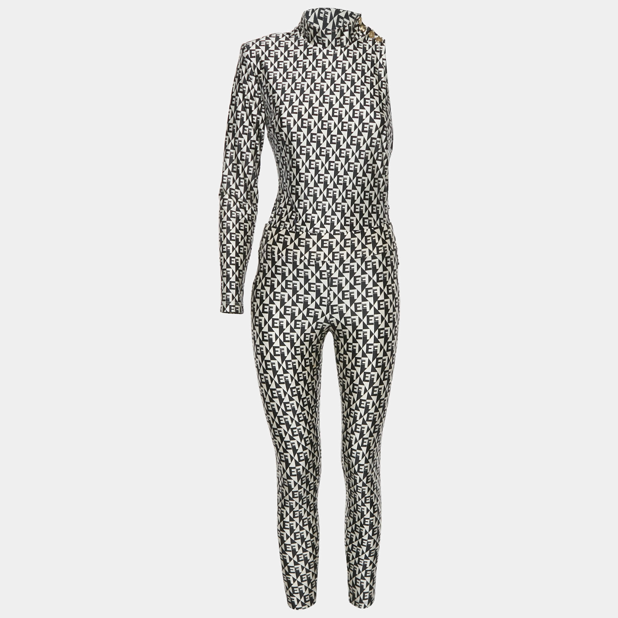 Pre Owned Elisabetta Franchi Monogram Print Jersey Bodysuit and Leggings Set M/L