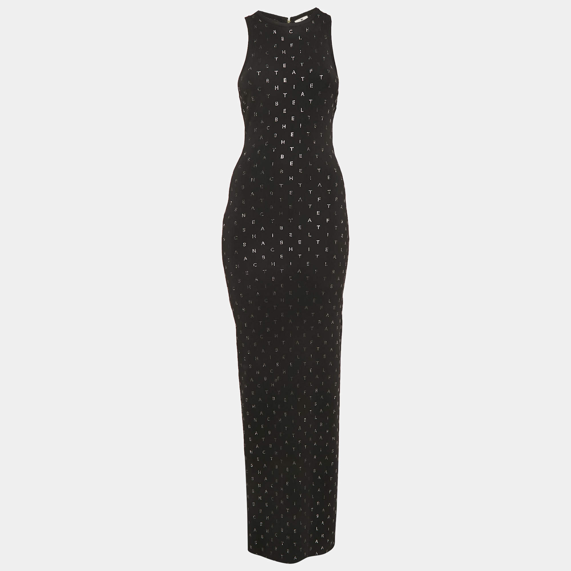 Pre Owned Elisabetta Franchi Black Rhinestone Lettering Rib Knit Red Carpet Dress M