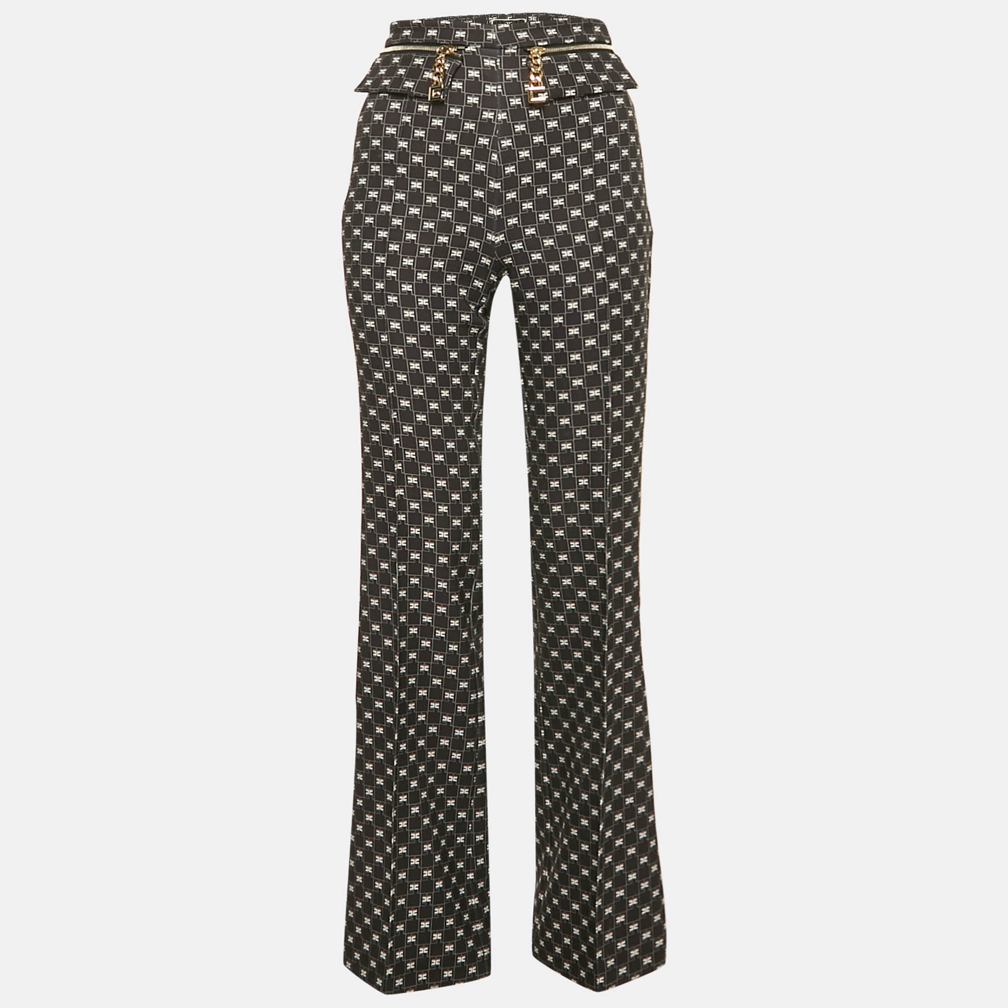 Pre Owned Elisabetta Franchi Black Logo All Over Jersey High Rise Flared Pants S
