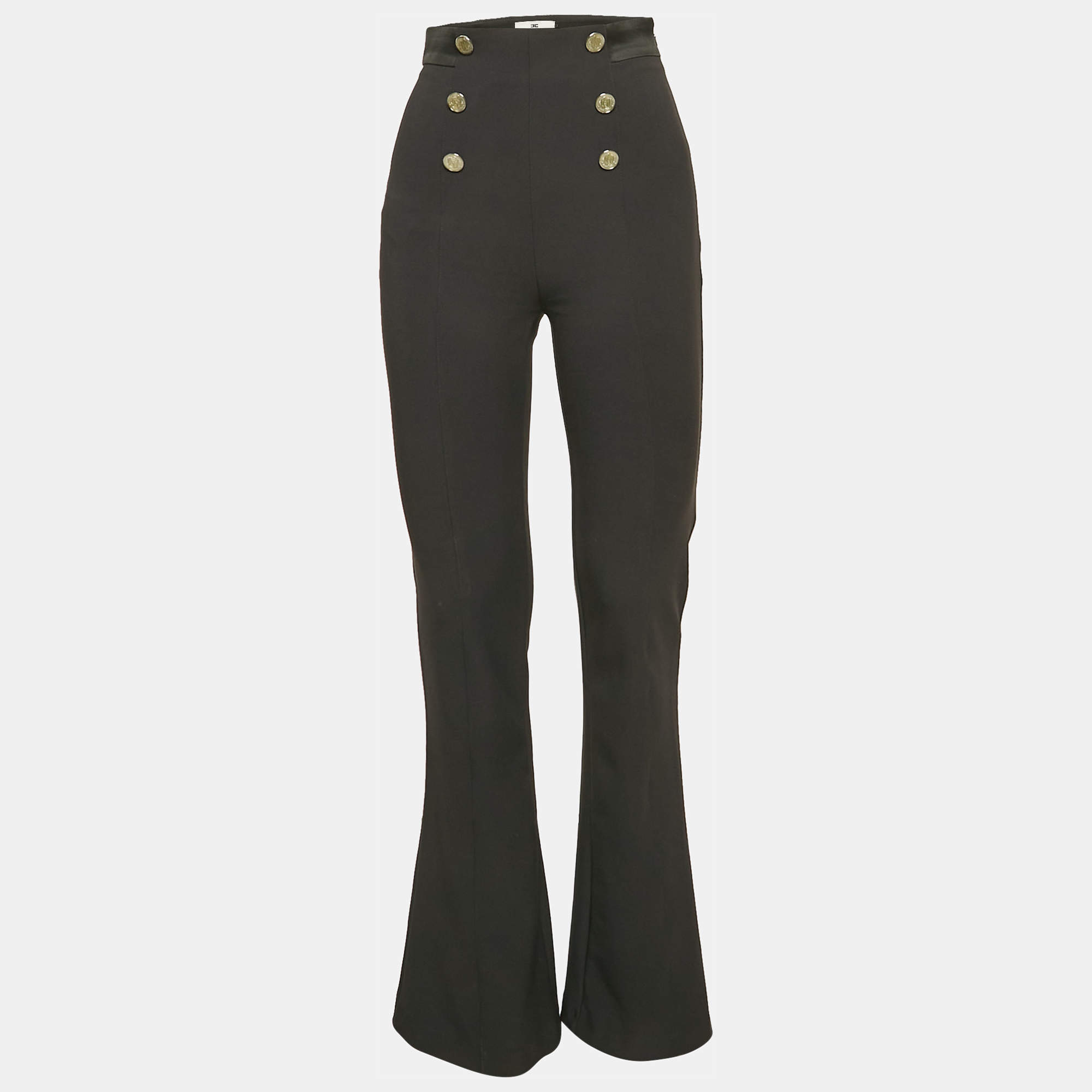 Pre Owned Elisabetta Franchi Black Satin Trim Stretch Crepe Bell Bottom Pants S