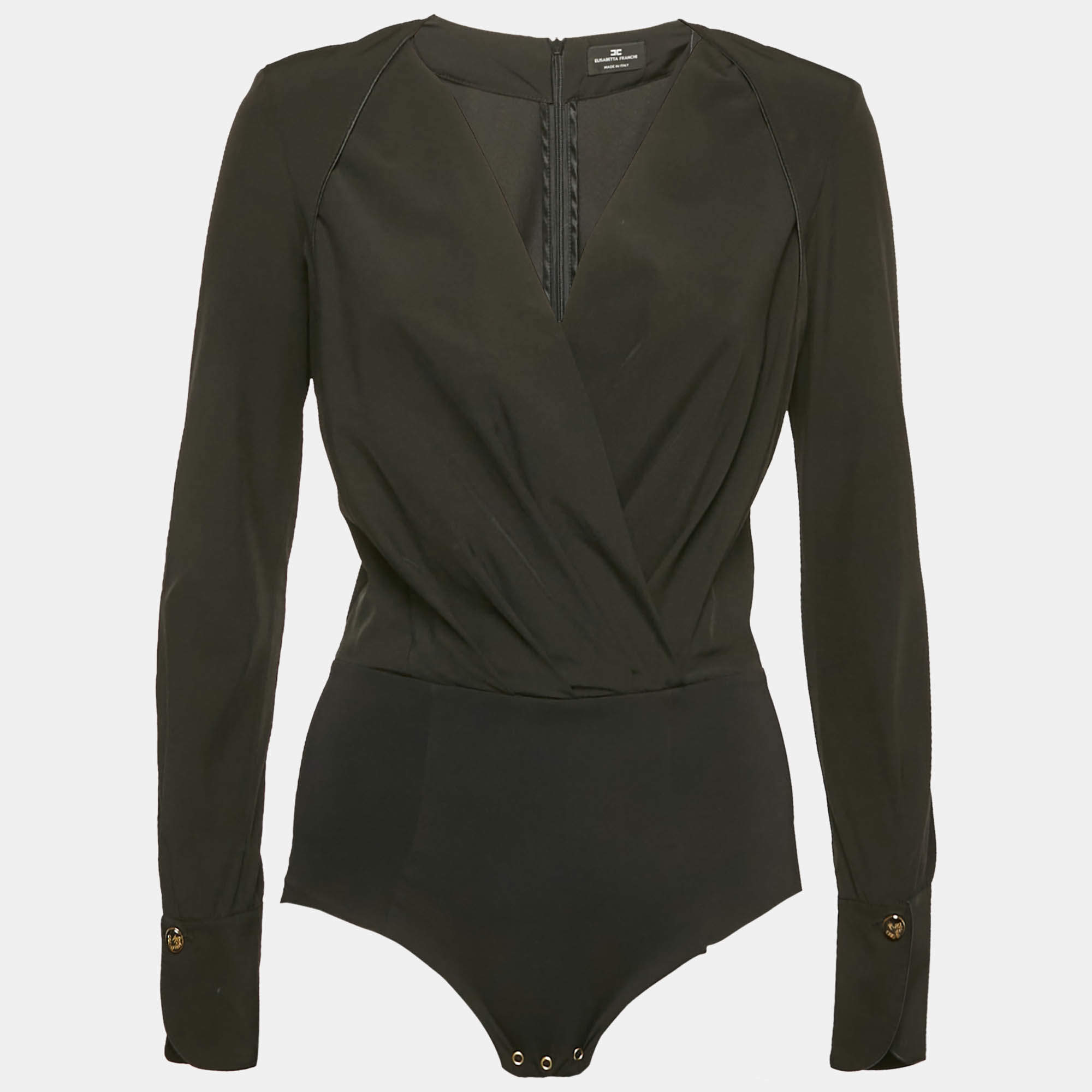 Pre Owned Elisabetta Franchi Black Crepe V-Neck Long Sleeve Bodysuit M