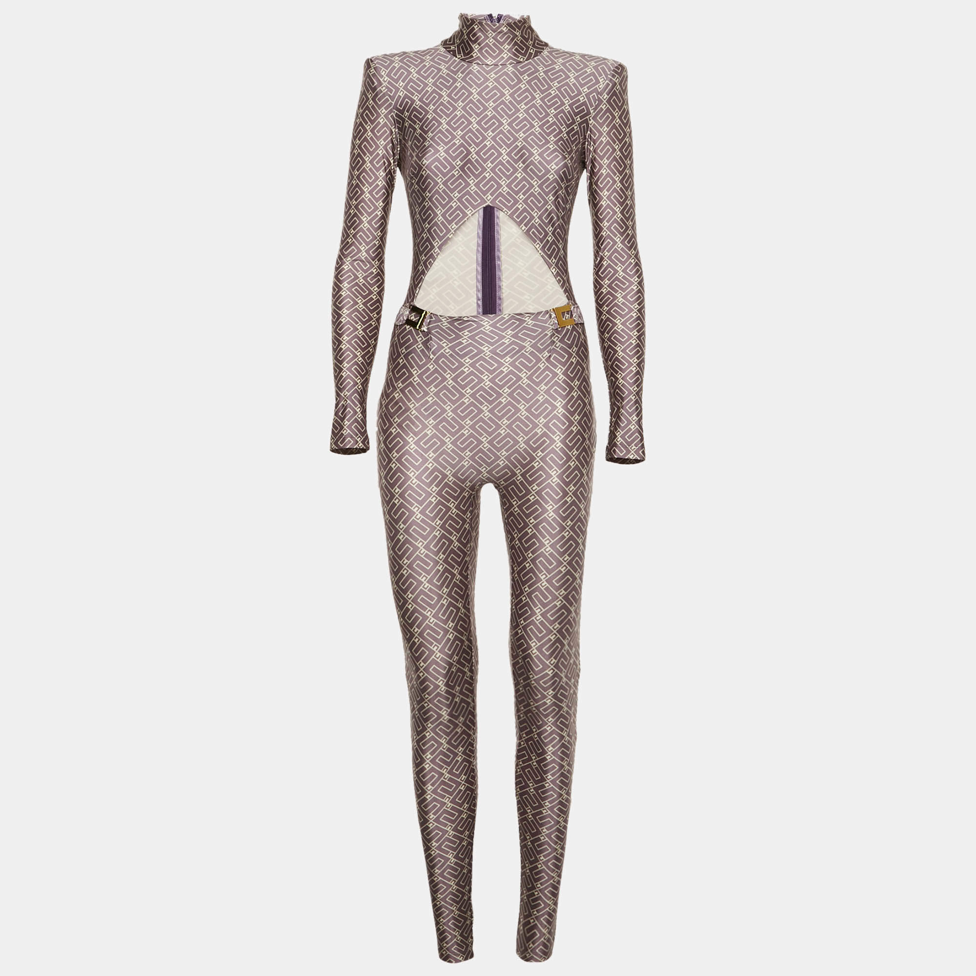 Pre Owned Elisabetta Franchi Lavender Logo Print Jersey Cut-Out Detail Jumpsuit S