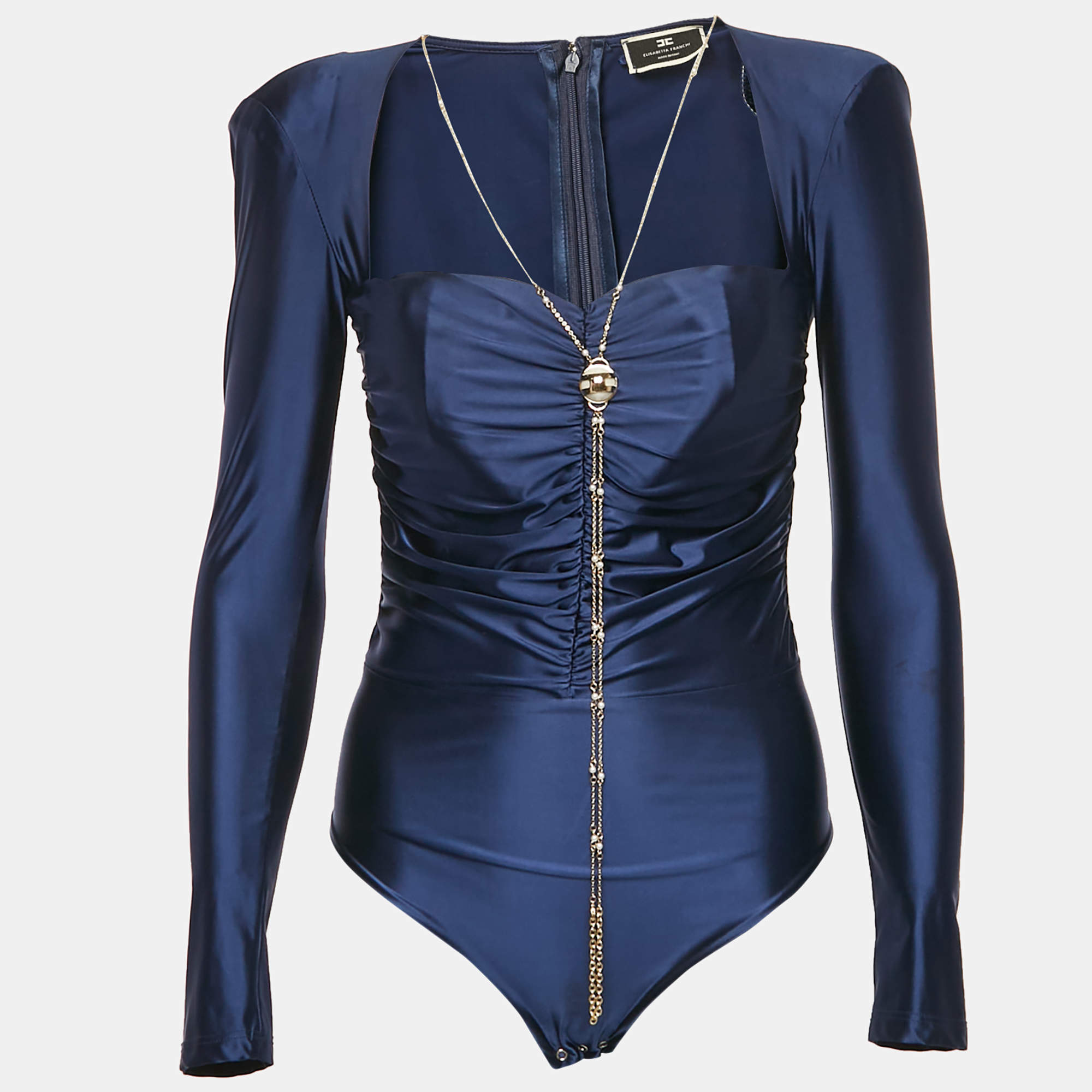Pre Owned Elisabetta Franchi Navy Blue Chain Detail Jersey Ruche Bodysuit M