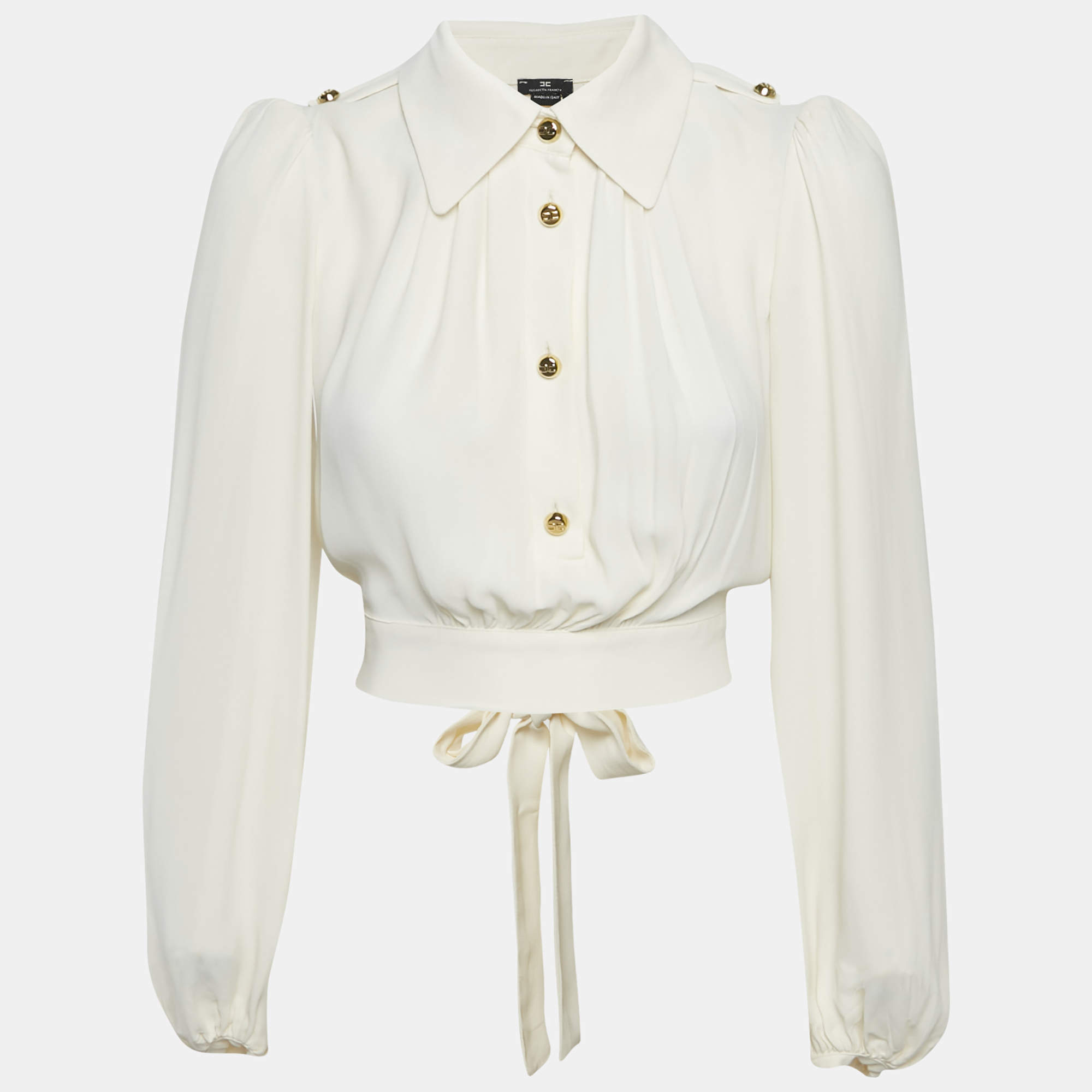 Pre Owned Elisabetta Franchi Off-White Crepe Tie-Up Blouse S