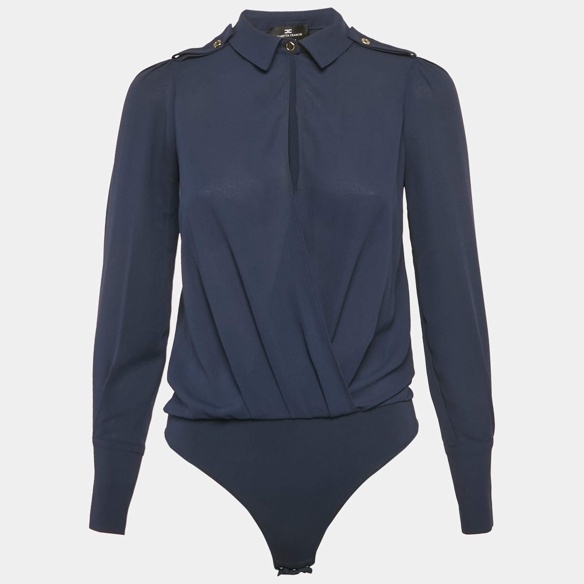 Elisabetta Franchi Navy Blue Chiffon Plunging Neck Bodysuit S