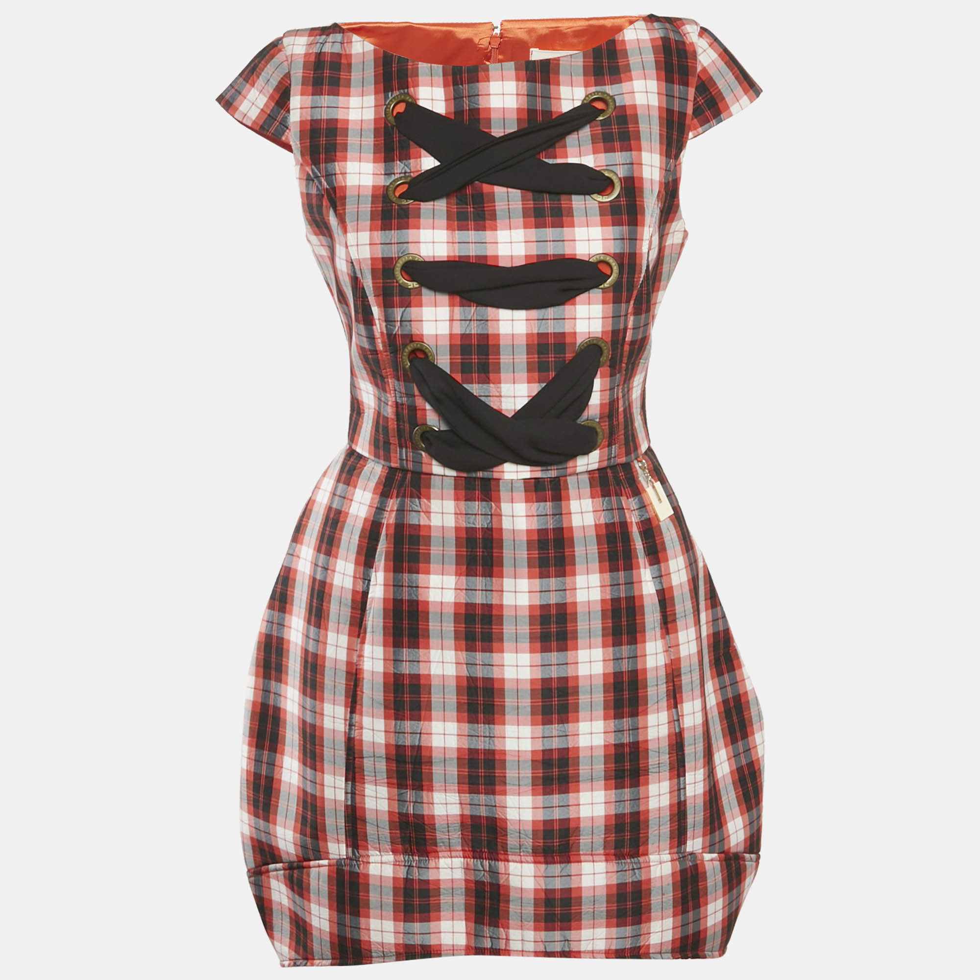 Pre Owned Elisabetta Franchi Jeans Red Checks Neoprene Lace-Up Mini Dress M