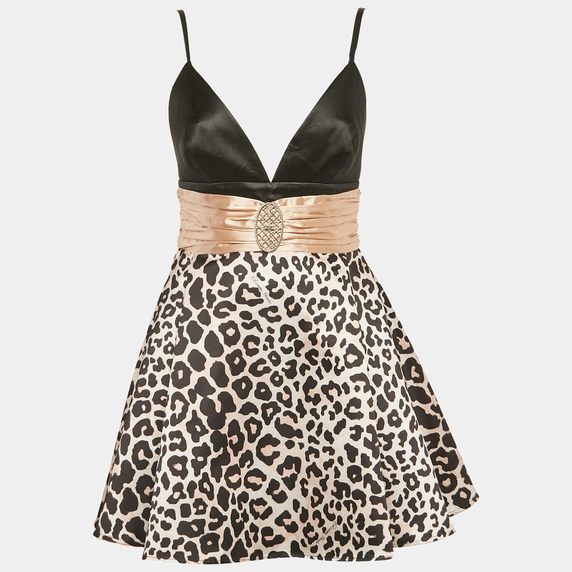 Elisabetta Franchi Pink/Black Leopard Print Satin Mini Dress M