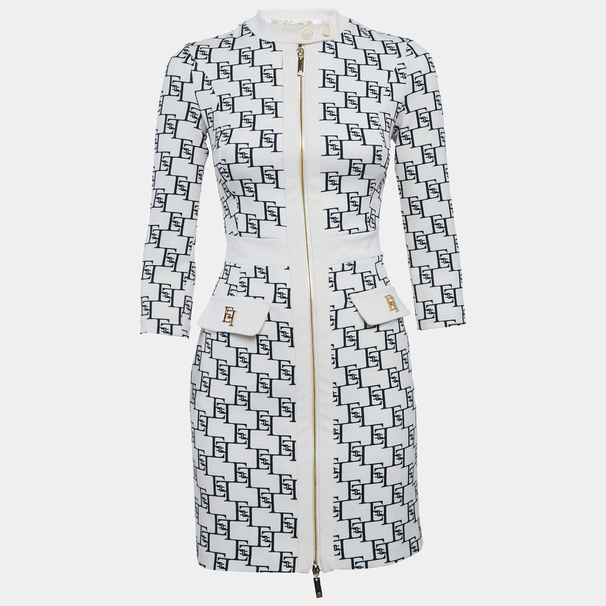 Elisabetta Franchi Cream Logo Print Stretch Crepe Bodycon Dress S