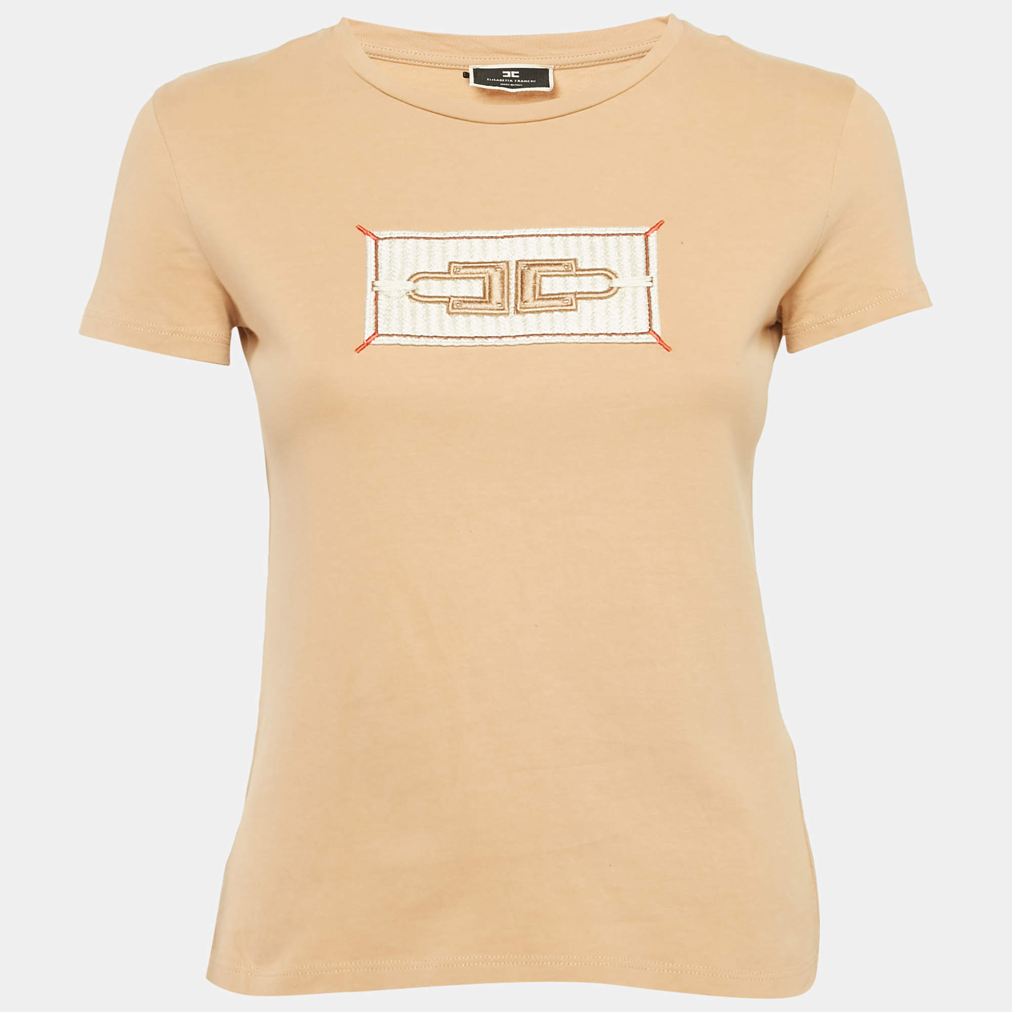 Elisabetta Franchi Beige Applique Cotton Jersey T-Shirt S