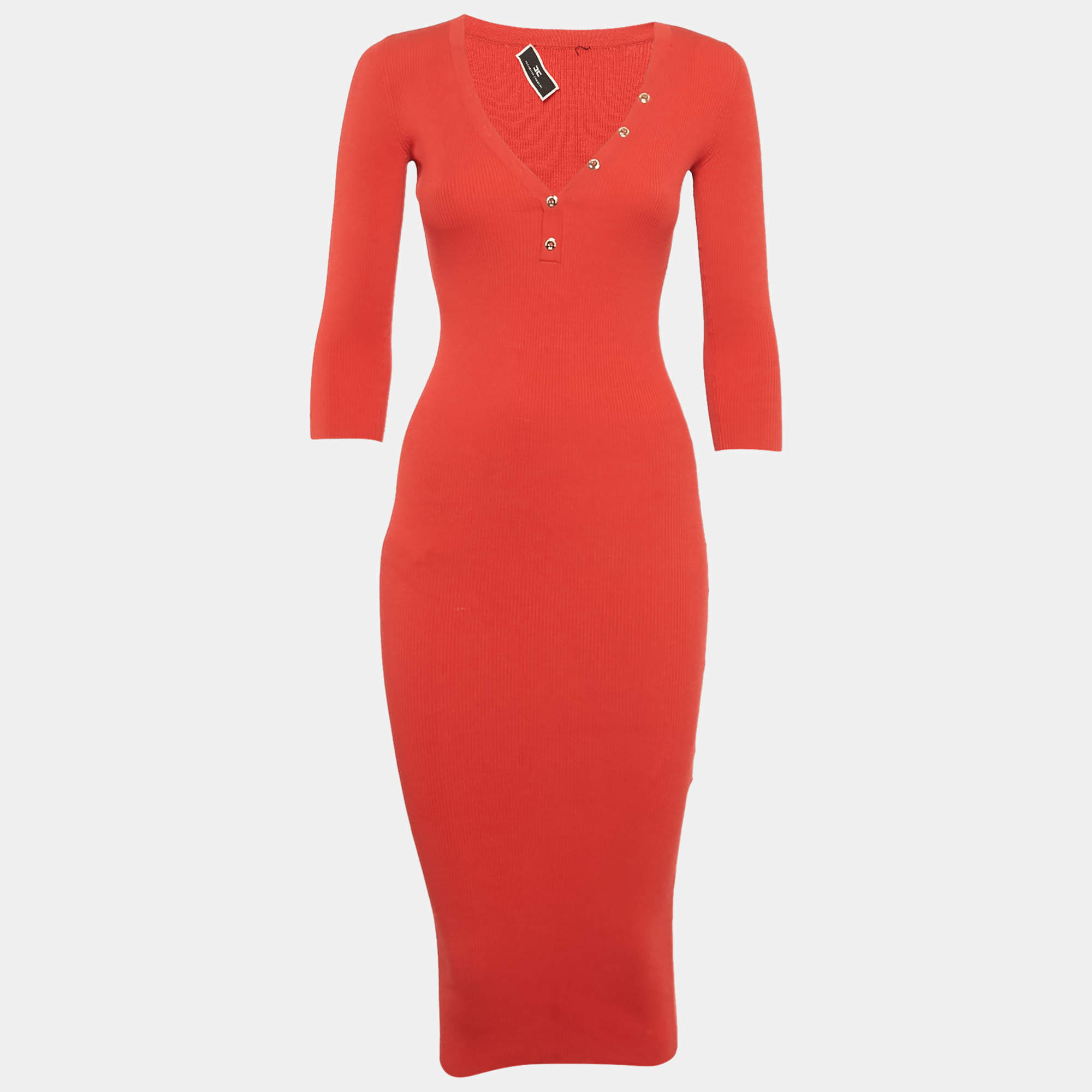 Elisabetta Franchi Red Rib Knit Bodycon Dress S