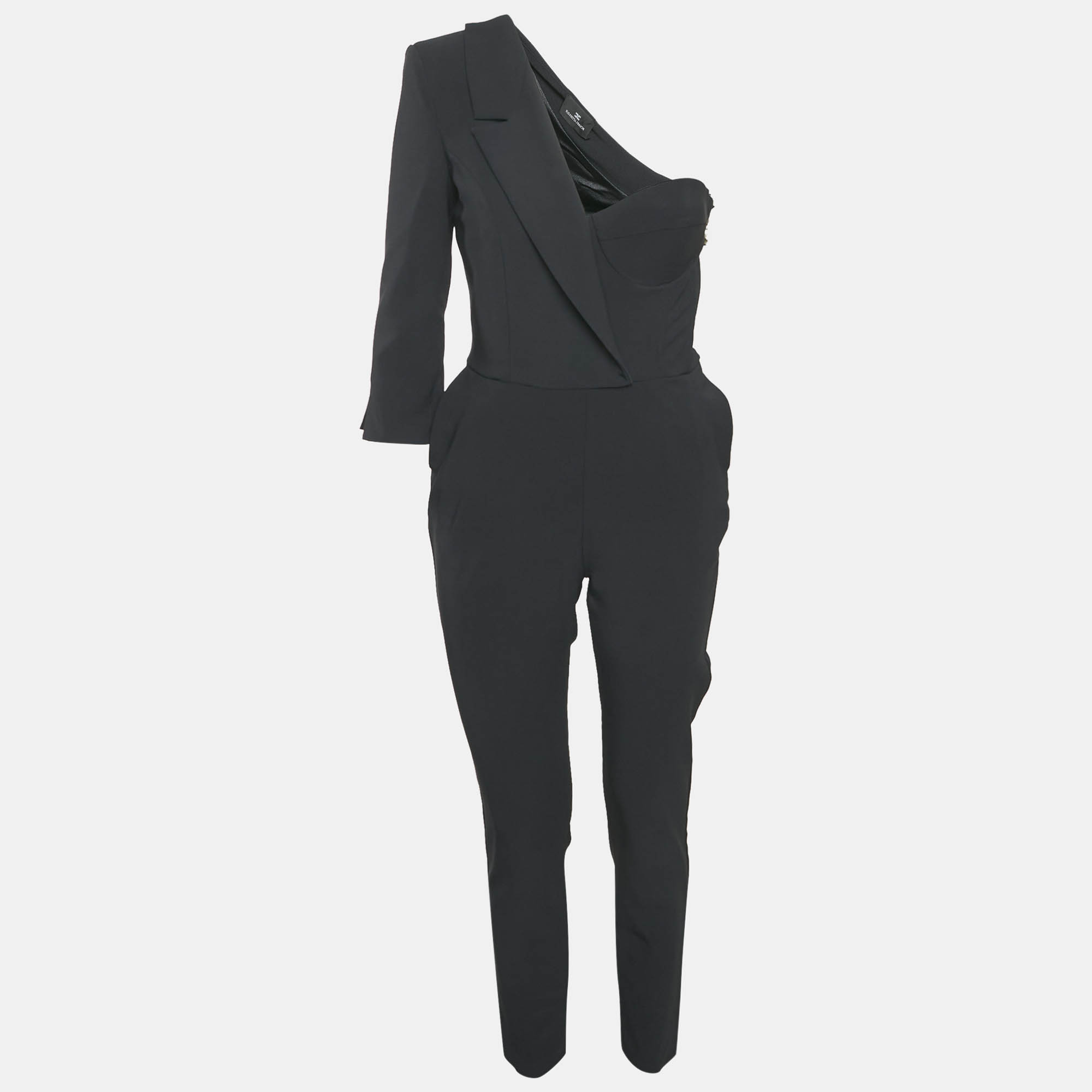Elisabetta Franchi Black Crepe Corset Inset One Shoulder Jumpsuit M