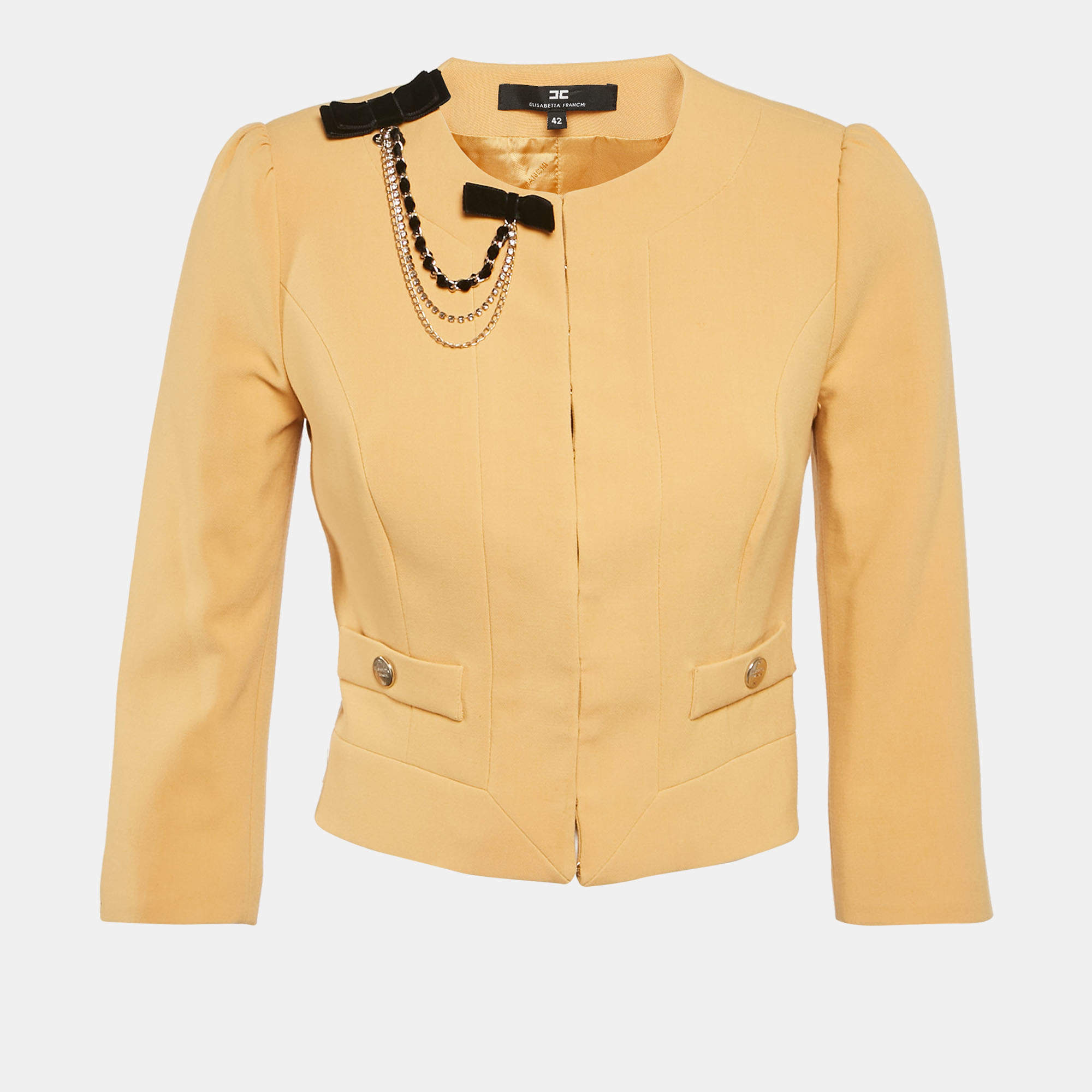 Elisabetta Franchi Yellow Crepe Open Front Jacket M