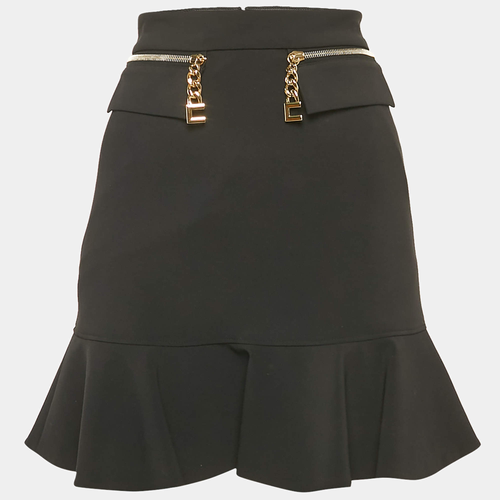 Elisabetta Franchi Black Zipper Detail Crepe Flounce Mini Skirt S