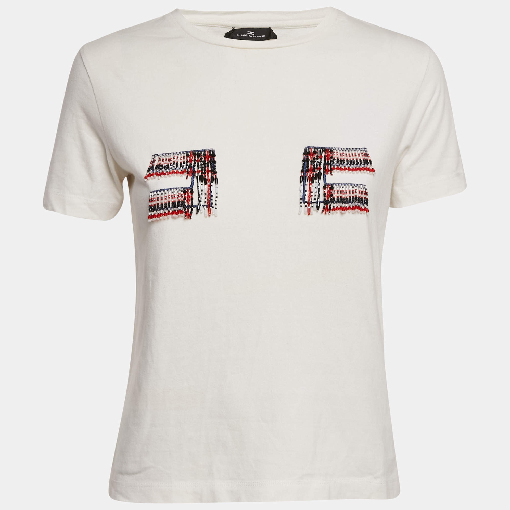 Pre Owned Elisabetta Franchi White Beaded Jersey Crewneck T-Shirt S