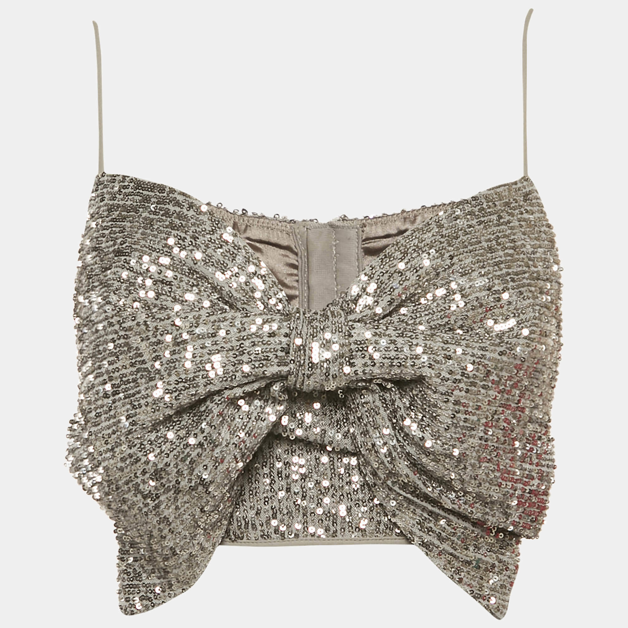 Elisabetta Franchi Silver Sequin Mesh Bow Detail Crop Top M
