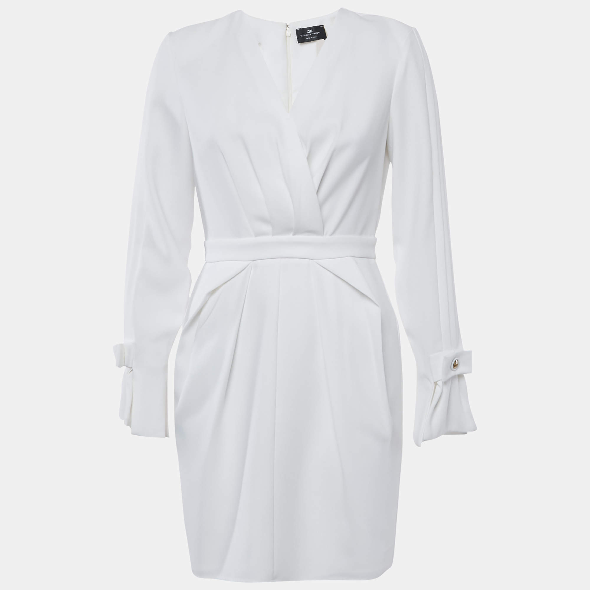 Elisabetta Franchi White Crepe Pleated Detail Mini Dress M