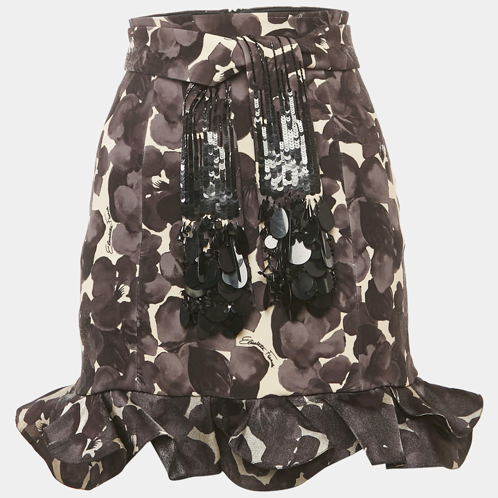Pre Owned Elisabetta Franchi Grey Floral Print Stretch Crepe Ruffled Mini Skirt S