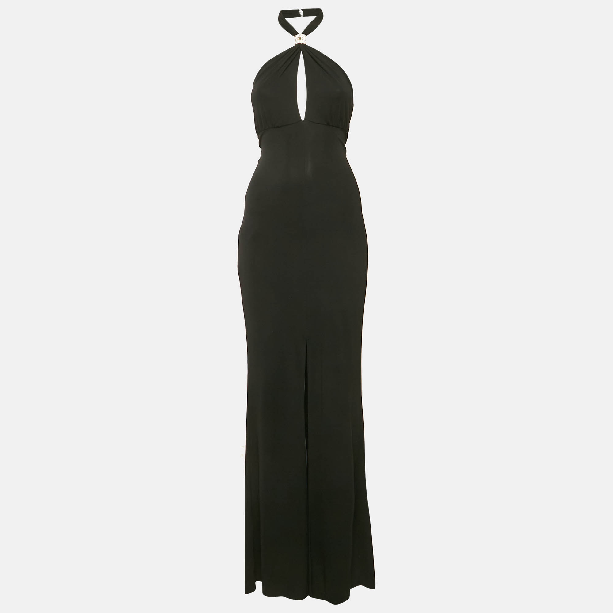 Elisabetta Franchi Black Jersey Logo Embellished Maxi Dress S