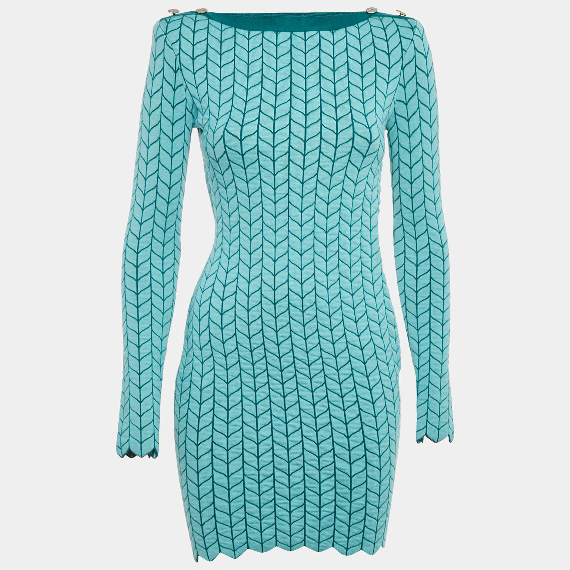 Elisabetta Franchi Blue Patterned Stretch Knit Scallop Hem Bodycon Dress S