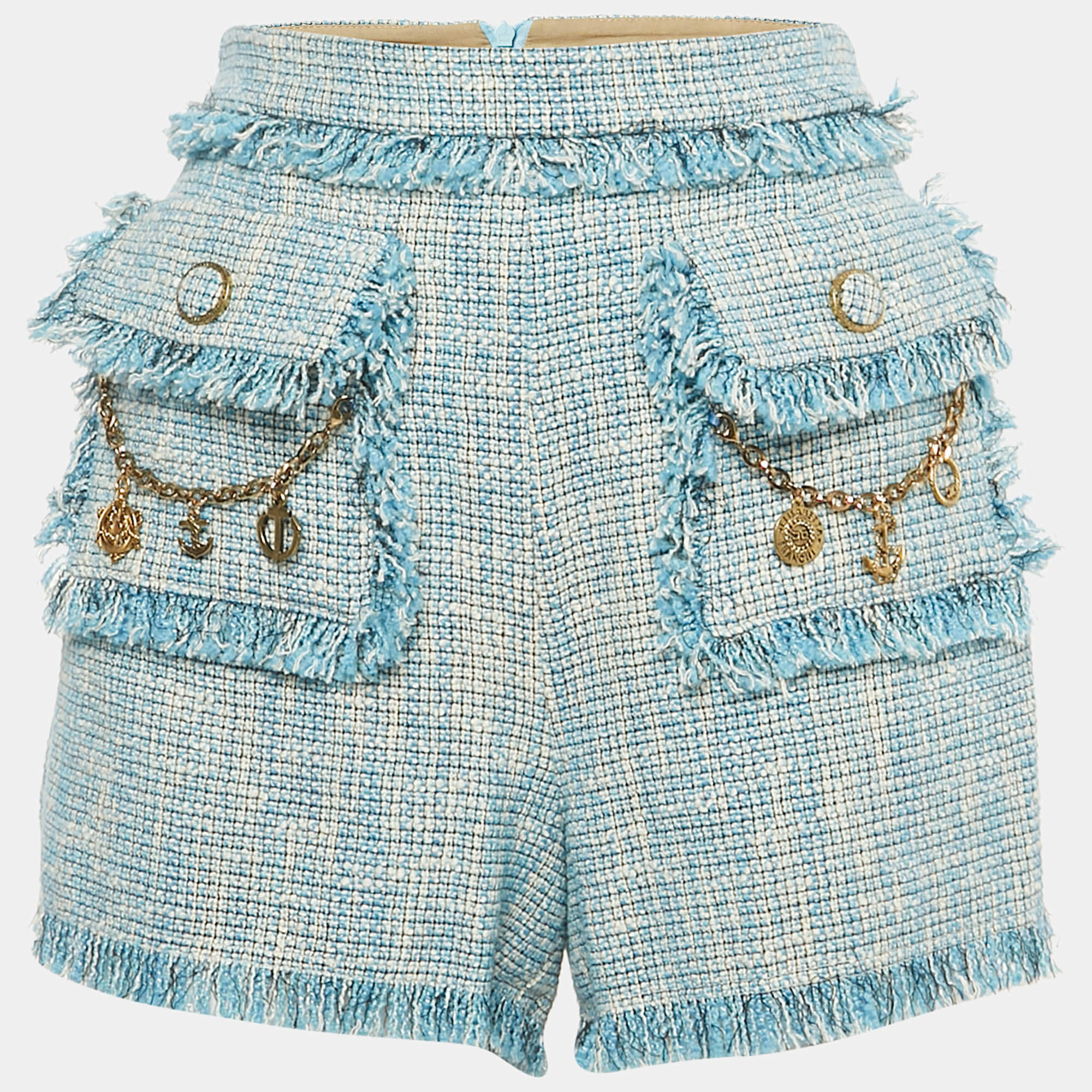 Elisabetta Franchi Blue Cotton Fringed Chain Detail Shorts M