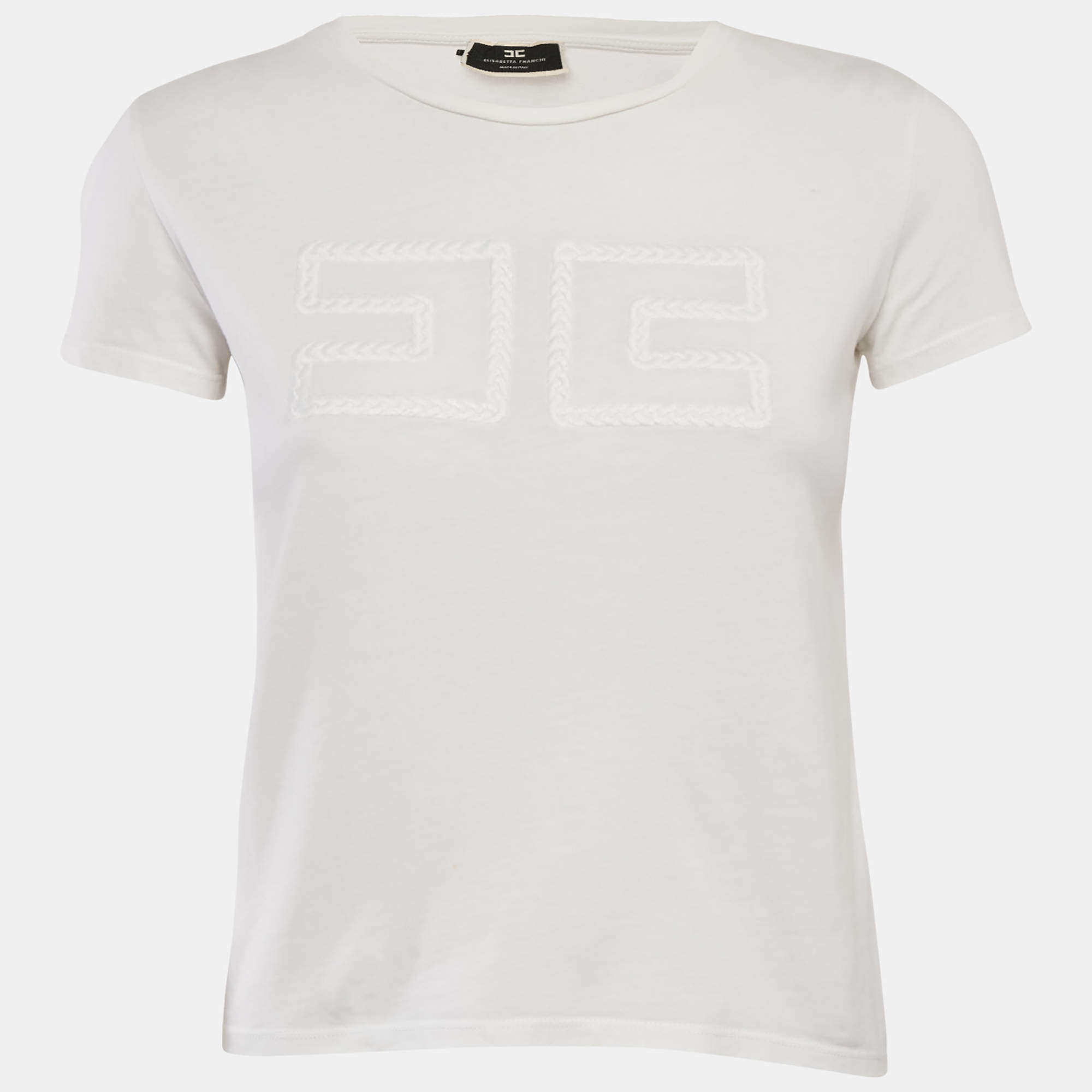 Pre Owned Elisabetta Franchi White Logo Embroidered Jersey T-Shirt S