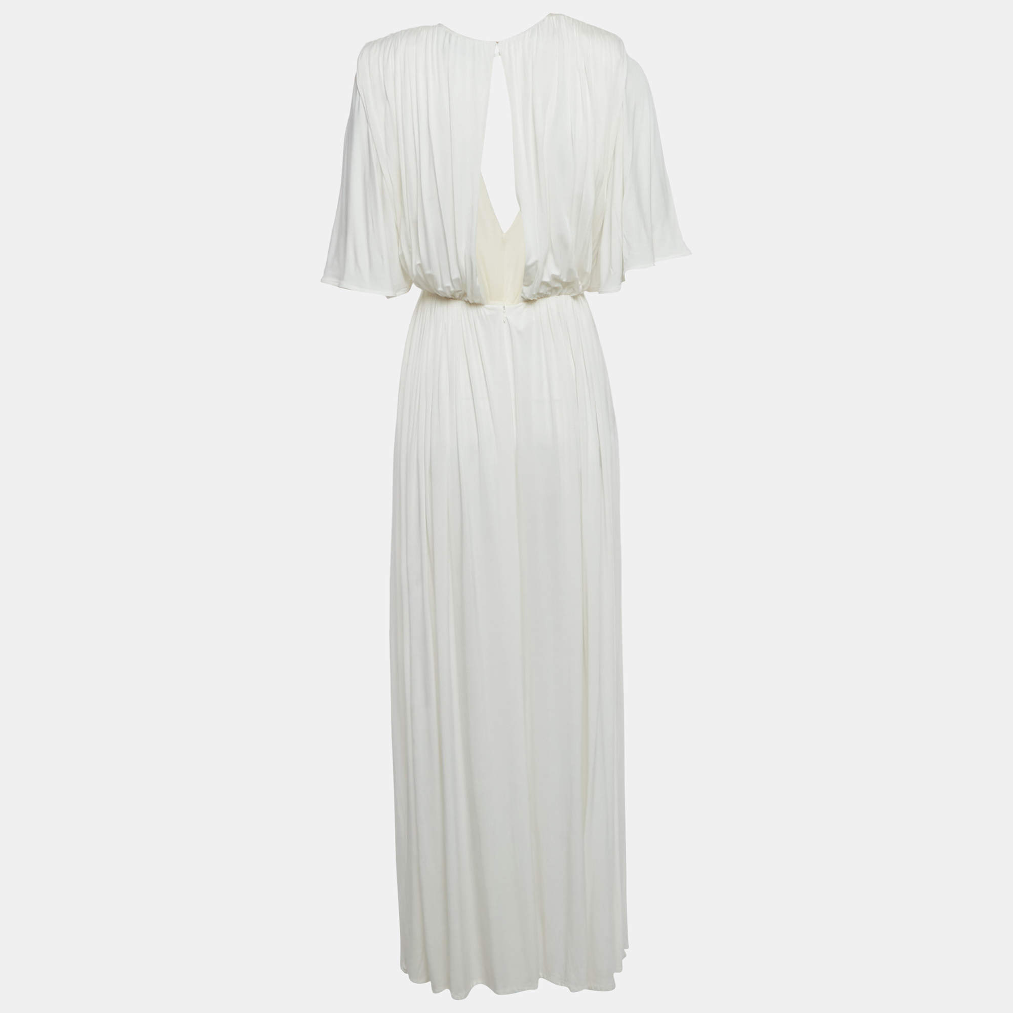 Pre Owned Elisabetta Franchi White Jersey Plunging Neck Gathered Maxi Dress S