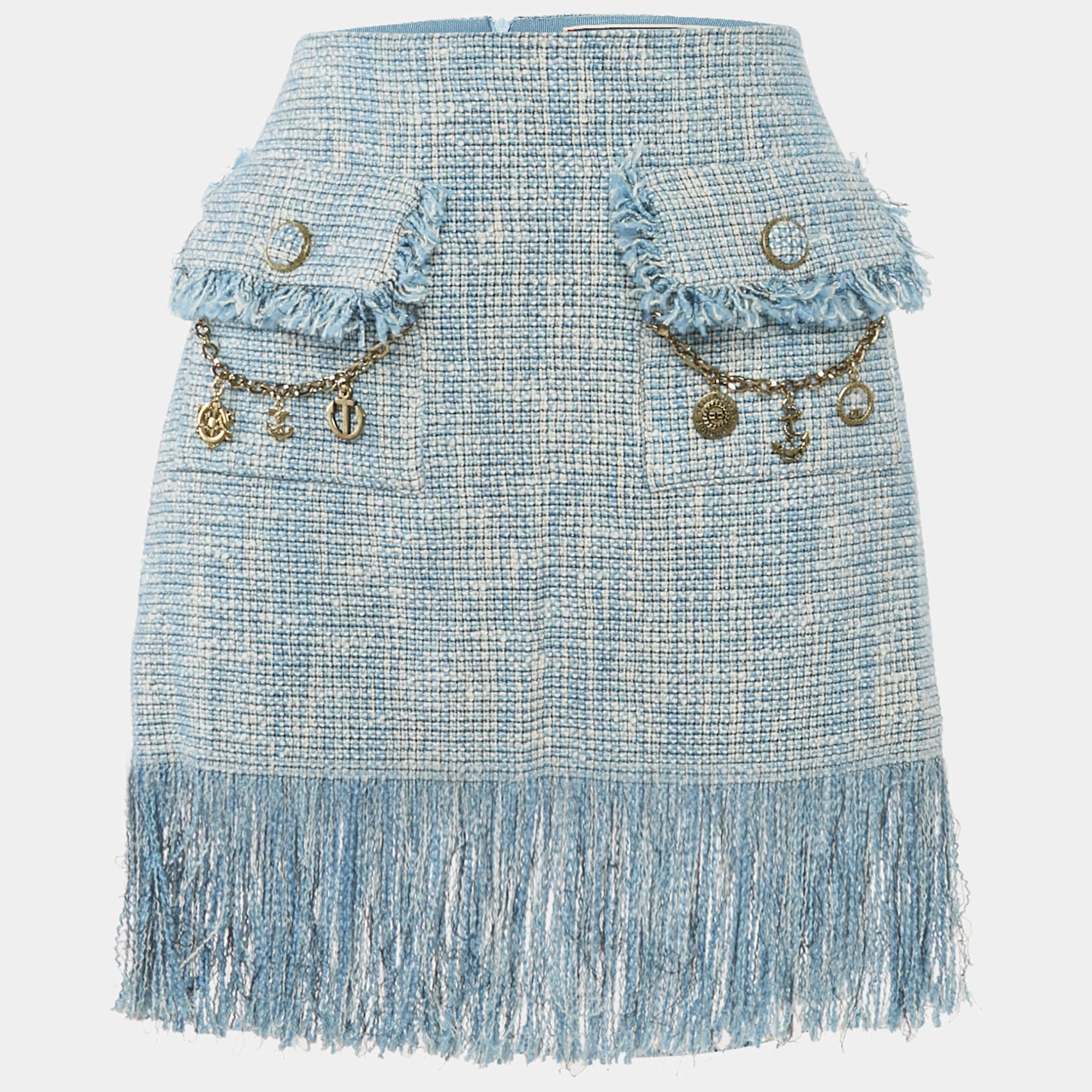 Elisabetta Franchi Blue Charm Detail Tweed Fringed Mini Skirt M