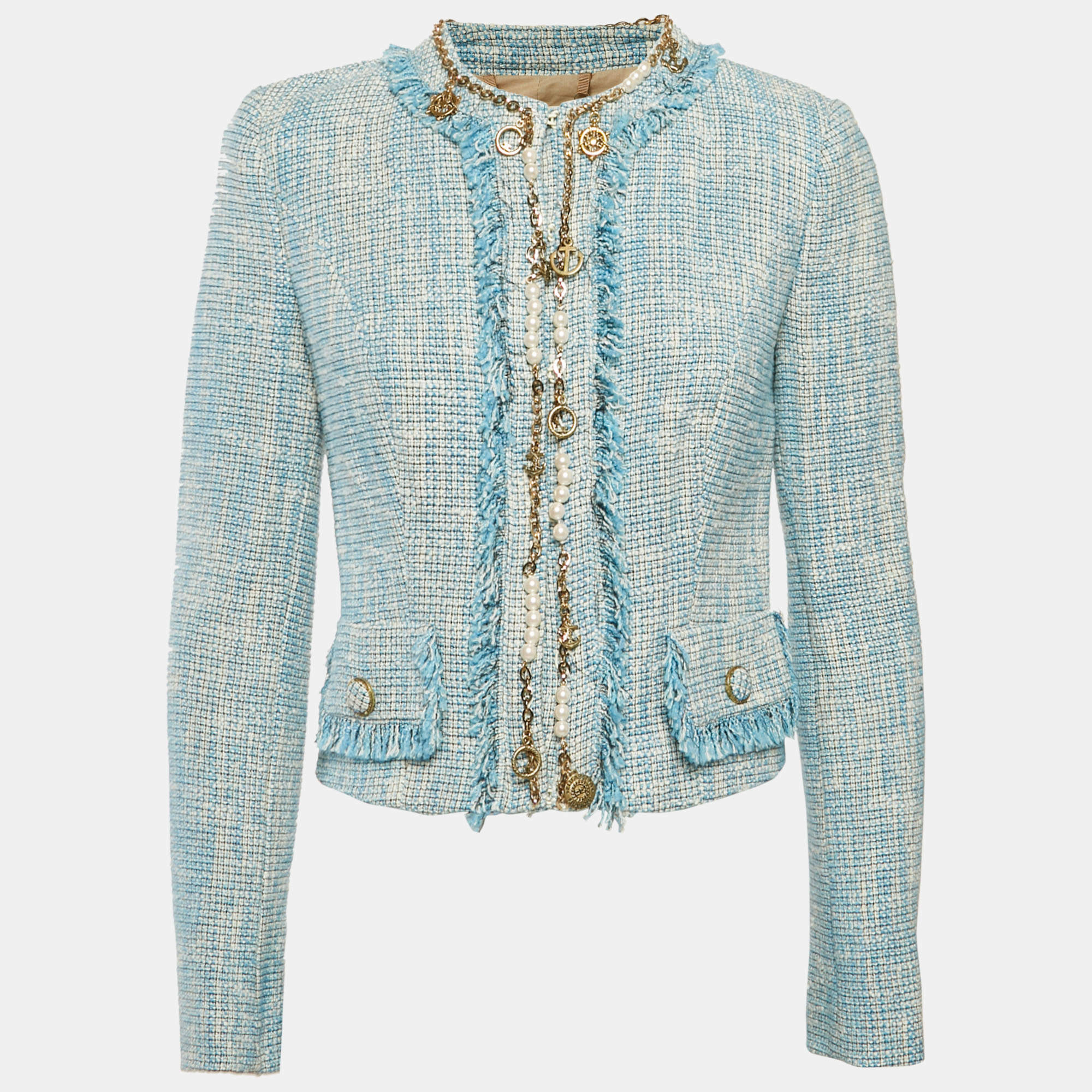 Pre Owned Elisabetta Franchi Blue Tweed Charms Embellished Jacket M