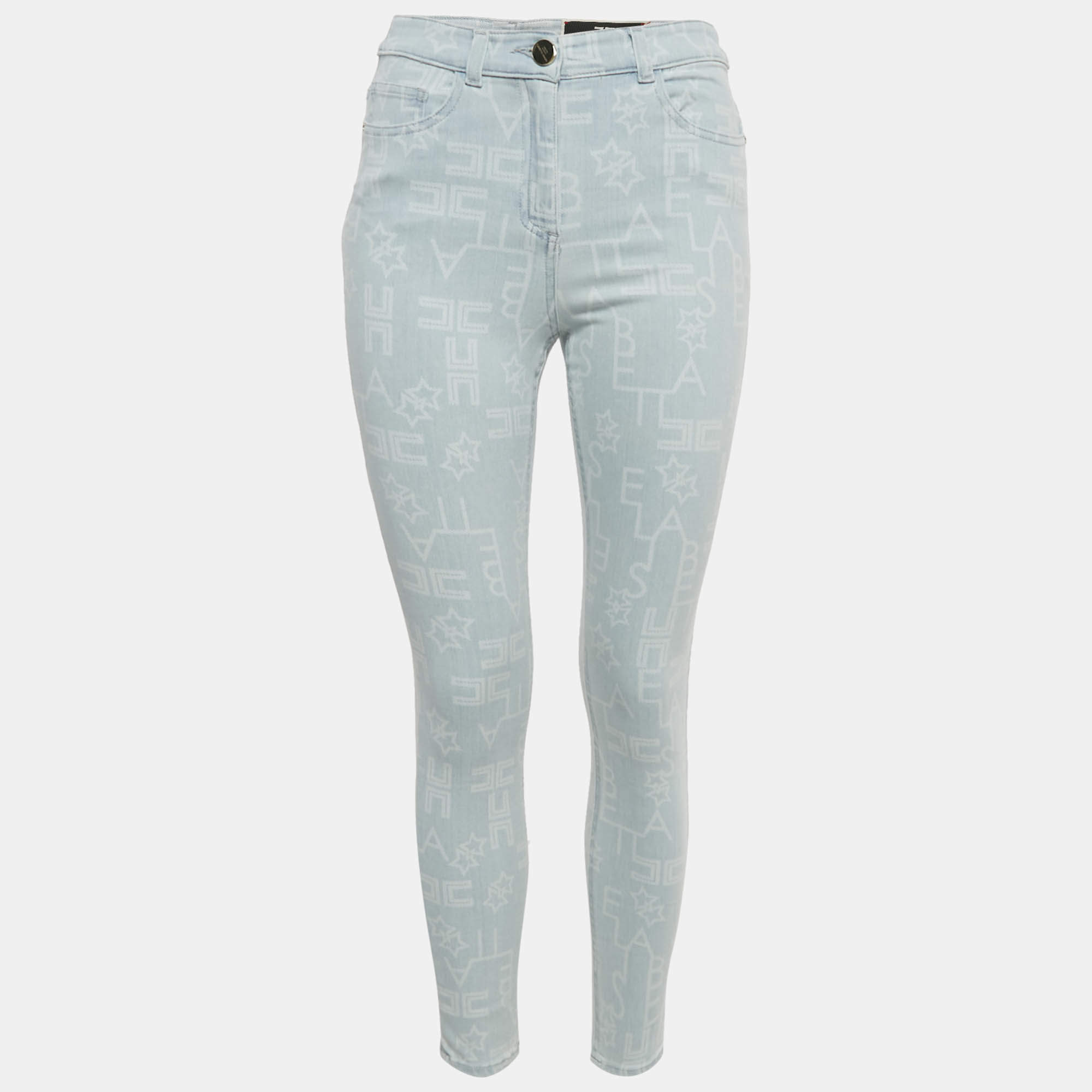 Pre Owned Elisabetta Franchi Blue Monogram Denim Skinny Jeans S Waist 27"