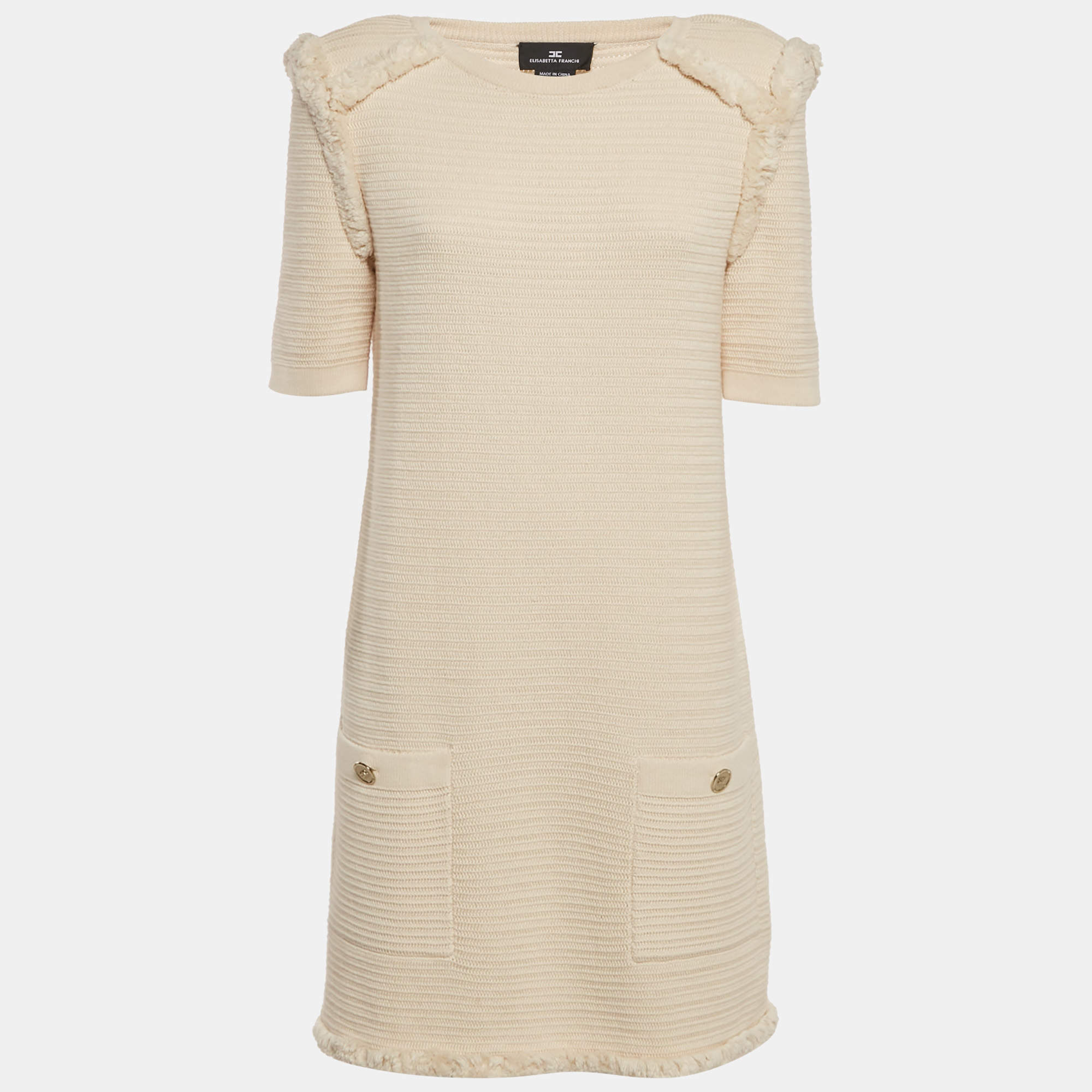 Pre Owned Elisabetta Franchi Beige Knitted Short Dress M