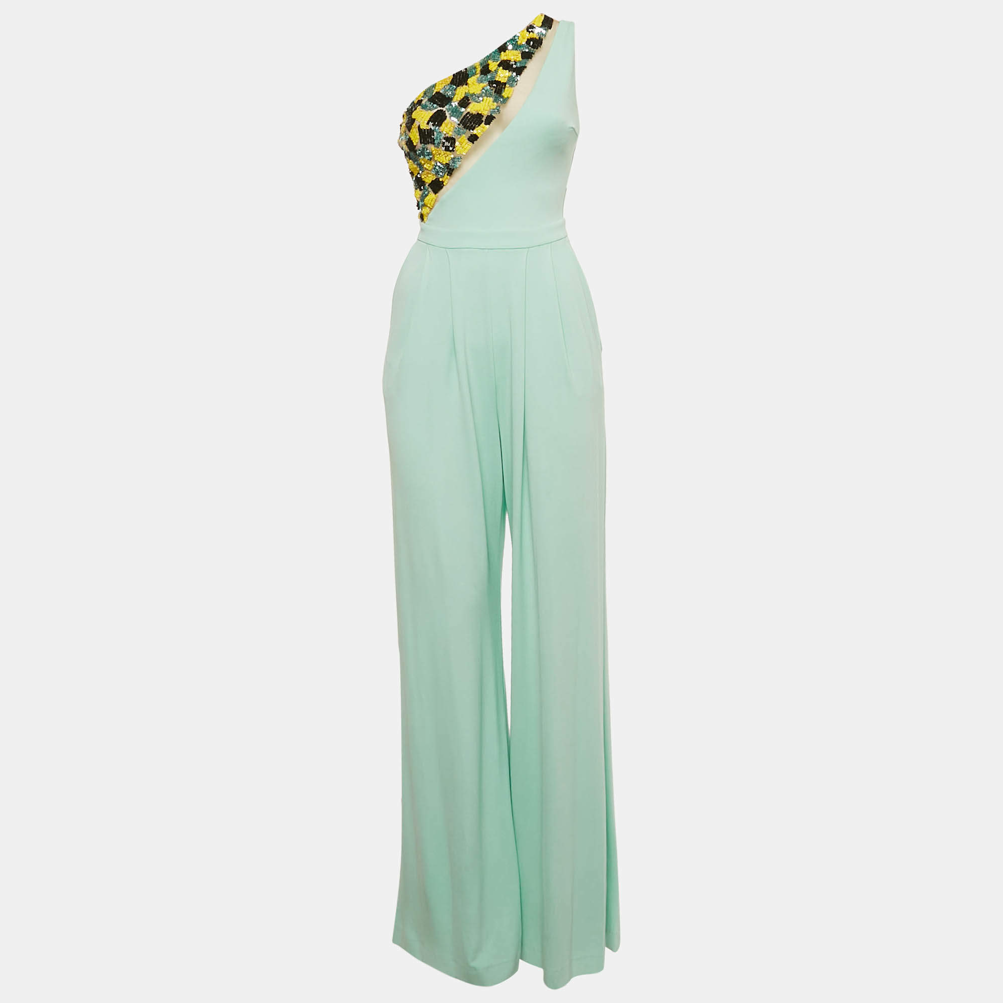 Pre Owned Elisabetta Franchi Pastel Green Jersey Sequin Embellished One Shoulder Jumpsuit S