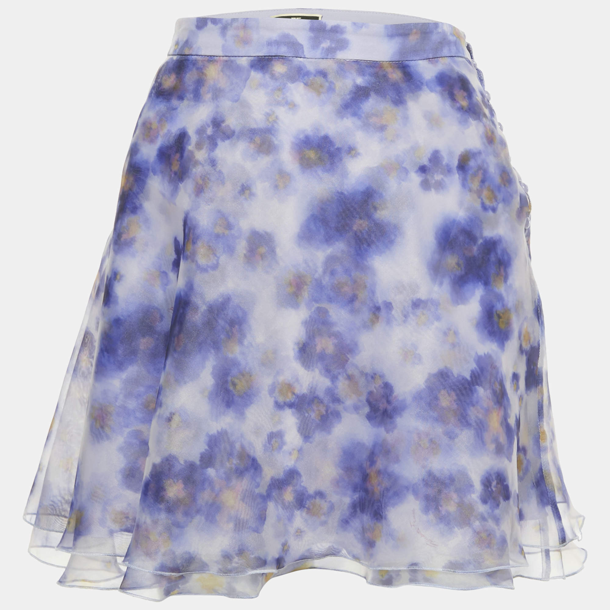 Pre Owned Elisabetta Franchi Purple Floral Printed Organze Tiered Mini Skirt M