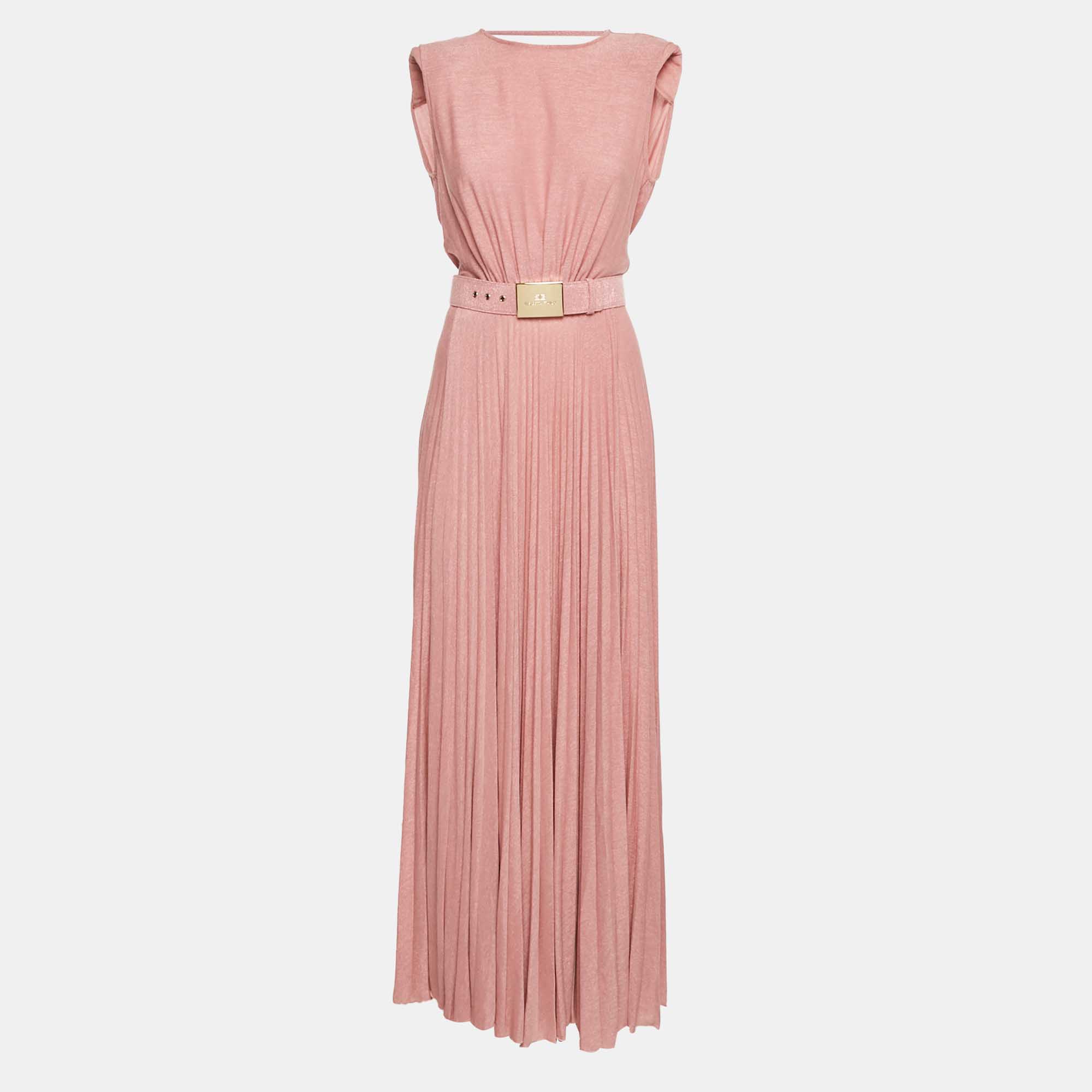 Pre Owned Elisabetta Franchi Rose Pink Lurex Knit Pleated Maxi Dress S