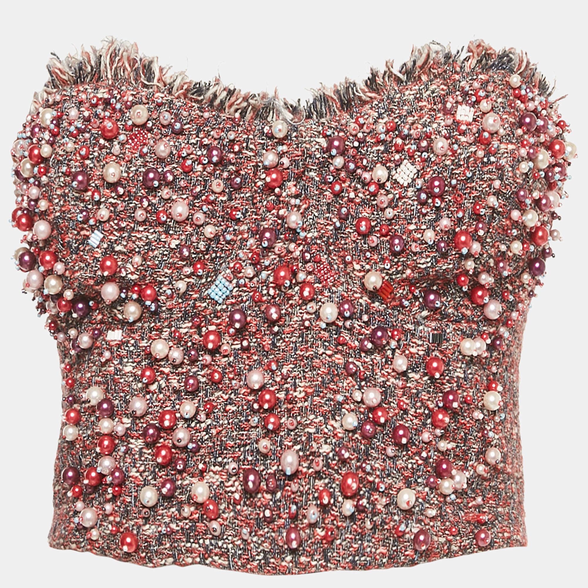 Pre Owned Elisabetta Franchi Pink Beaded Tweed Corset Top L
