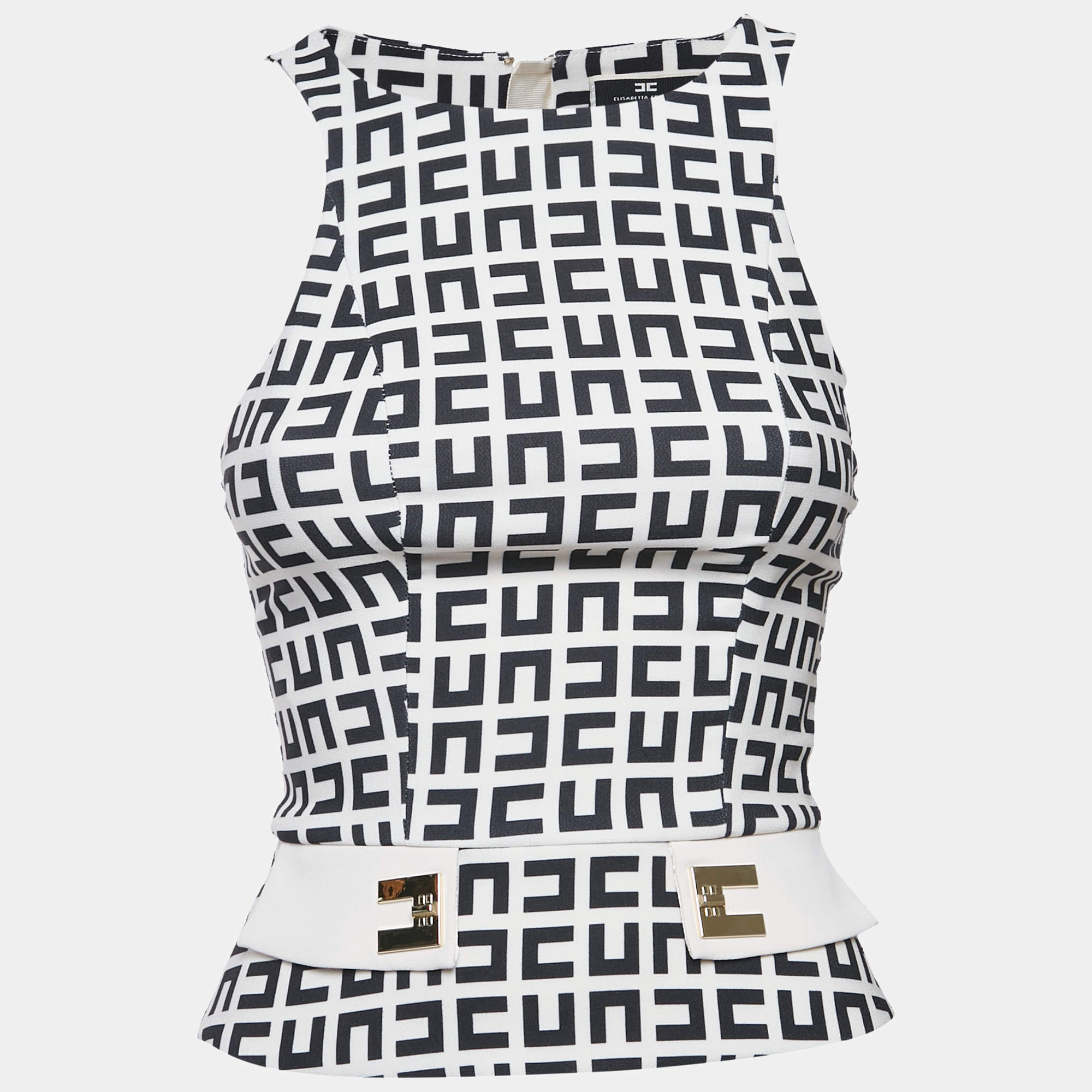 Pre Owned Elisabetta Franchi Beige/Black Monogram Print Jersey Sleeveless Top S