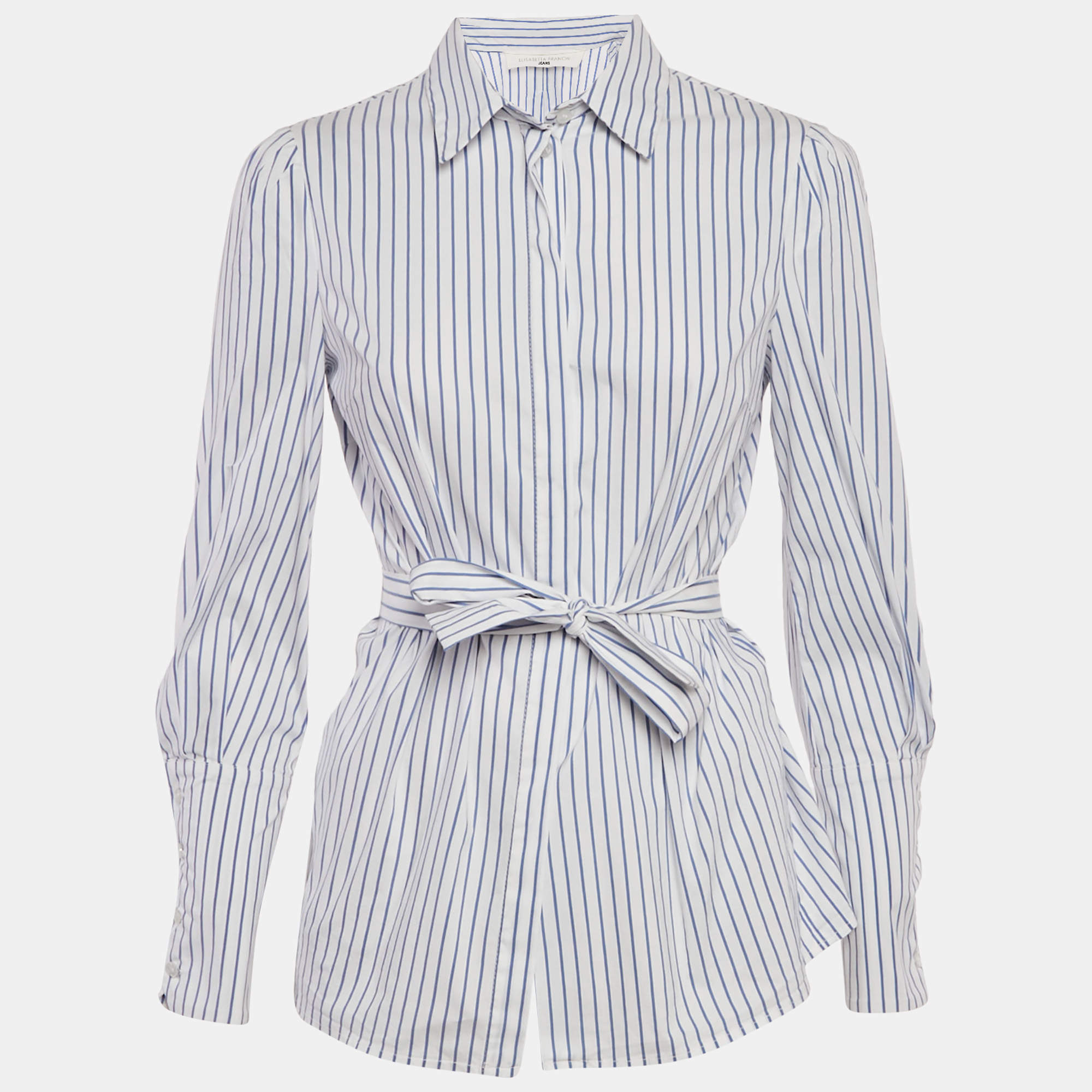 Pre Owned Elisabetta Franchi White & Blue Striped Cotton Tie Detail Shirt S