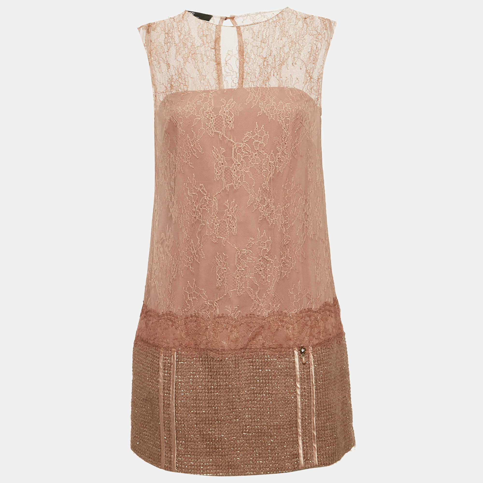 Pre Owned Elisabetta Franchi Beige/Dusty Rose Lace and Tweed Mini Dress S