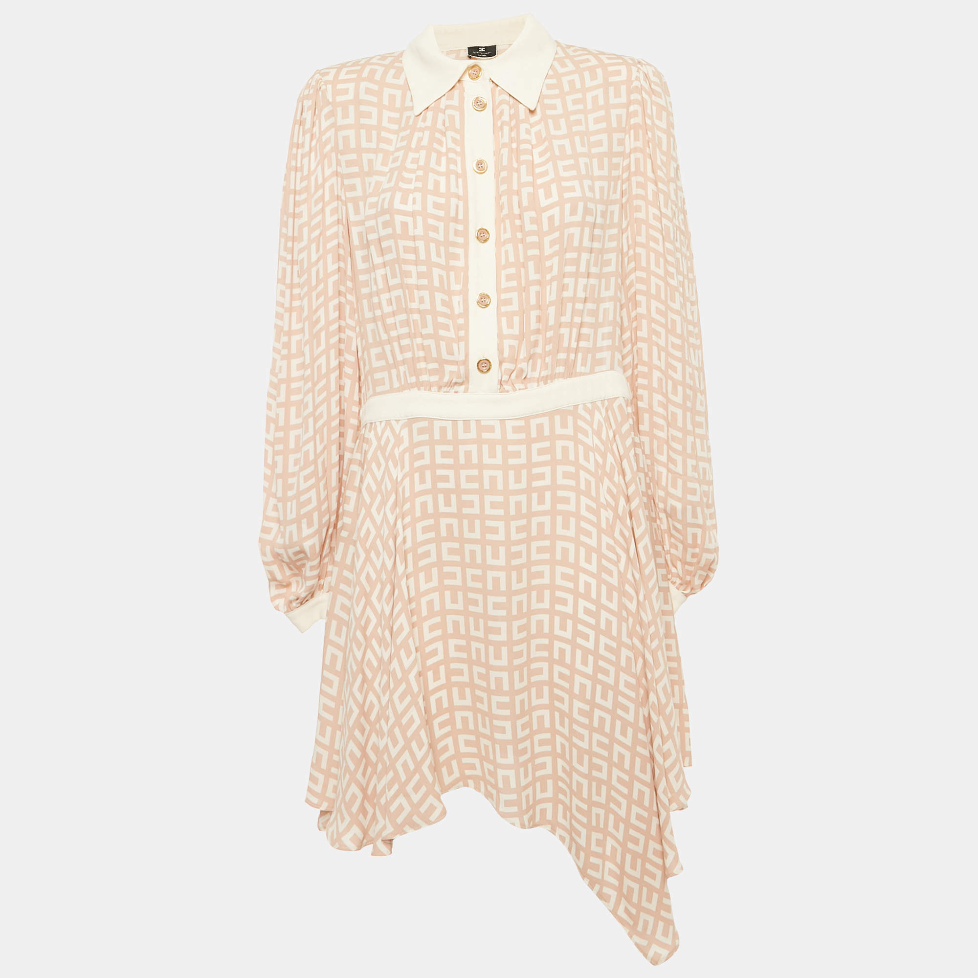 Pre Owned Elisabetta Franchi Beige Monogram Print Crepe Mini Dress L