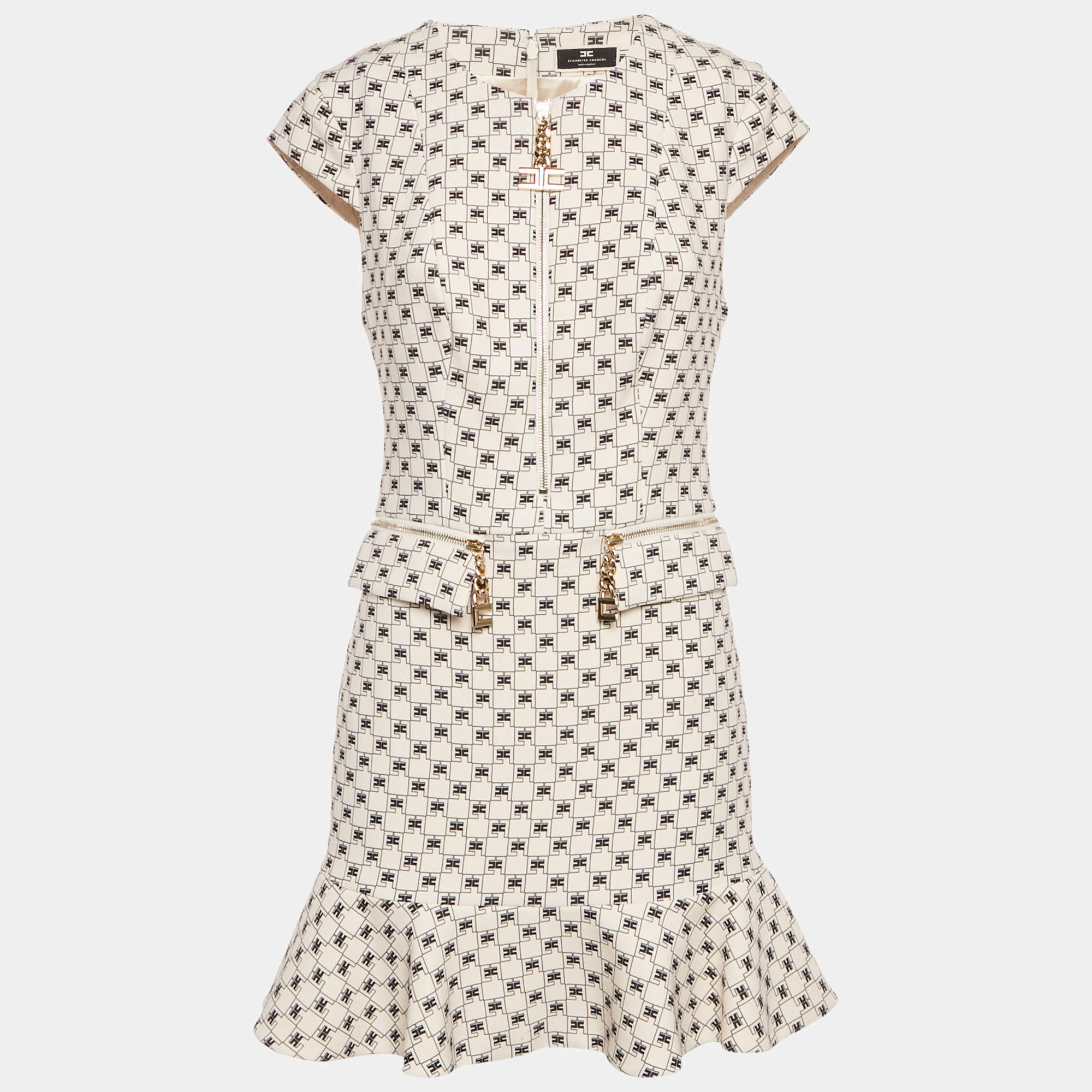 Pre Owned Elisabetta Franchi Cream Logo Print Crepe Sleeveless Mini Dress M 