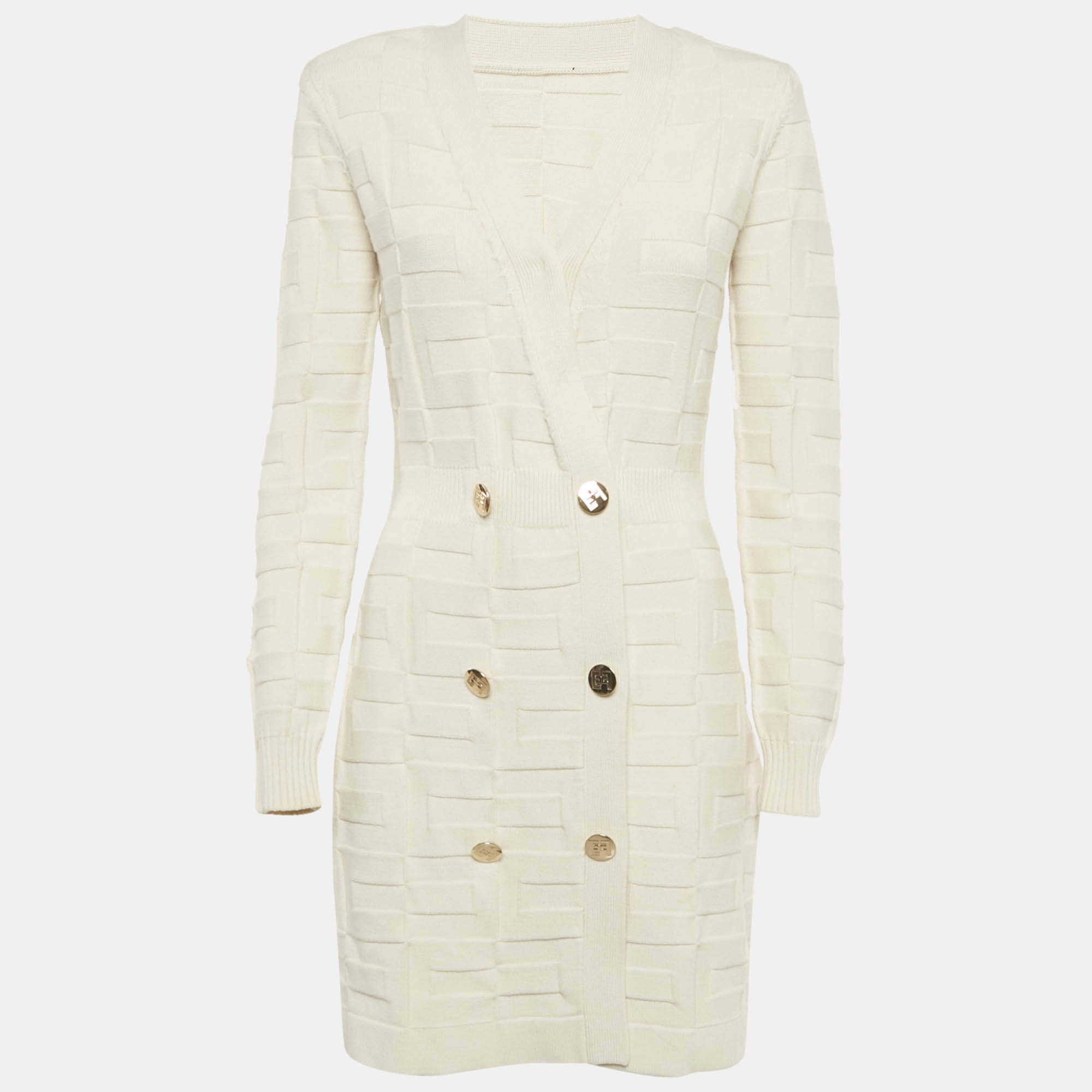 Pre Owned Elisabetta Franchi Cream Textured Knit Double Breasted Cardigan Mini Dress M