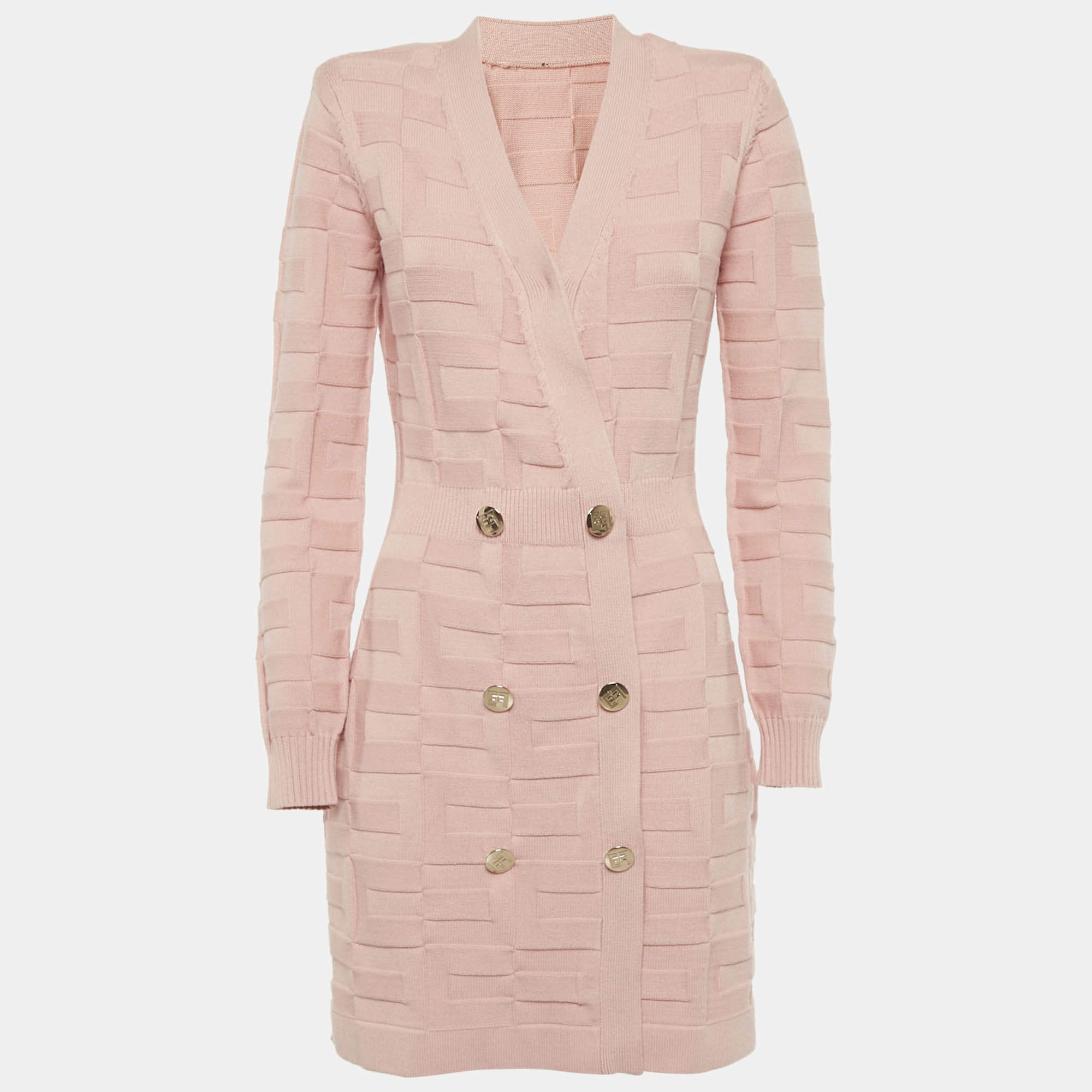 Pre Owned Elisabetta Franchi Pink Textured Knit Double Breasted Cardigan Mini Dress M