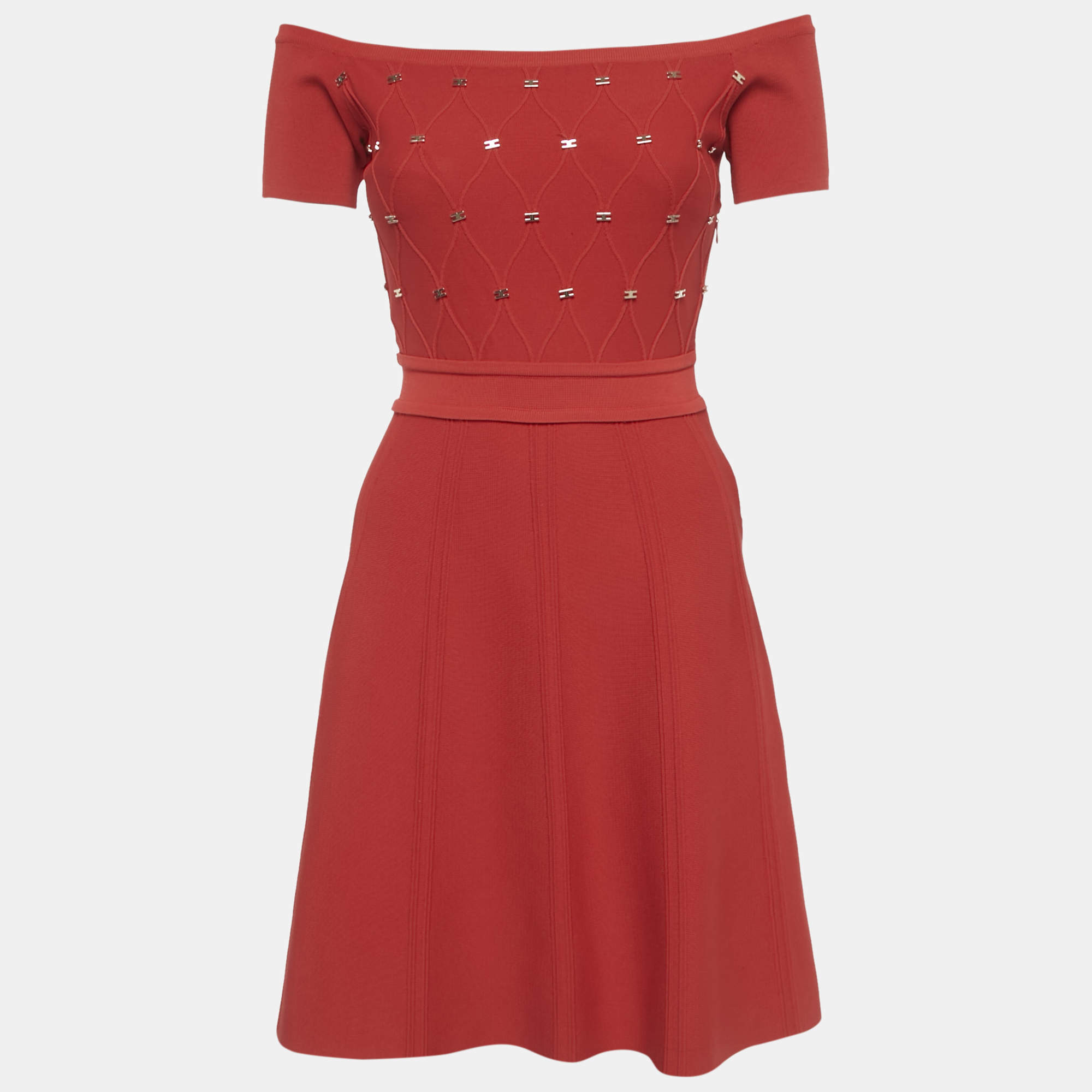 Pre Owned Elisabetta Franchi Red Logo Embellished Knit Mini Dress S