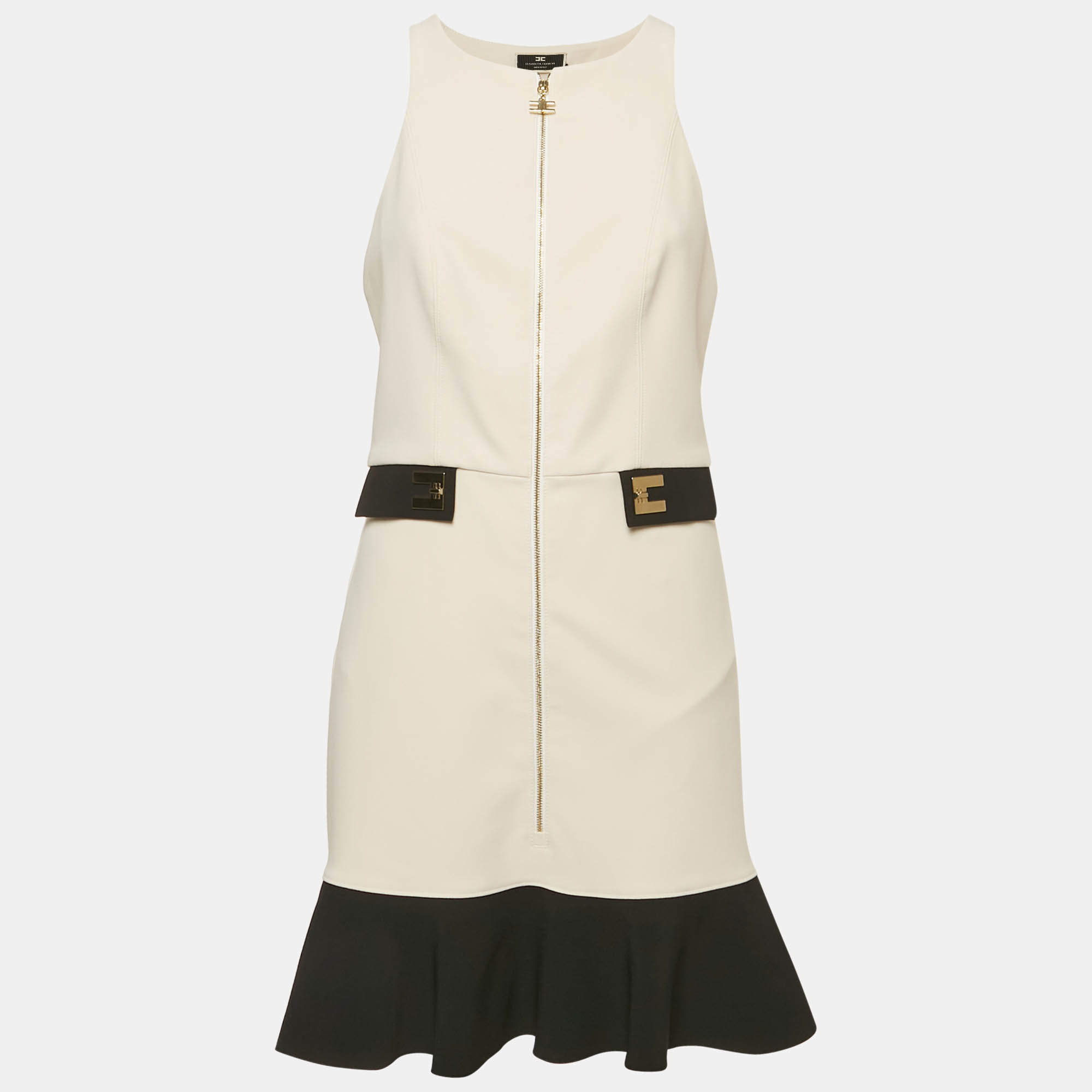 مملوكة مسبقًا Elisabetta Franchi Cream Crepe Flounced Hem Mini Dress L