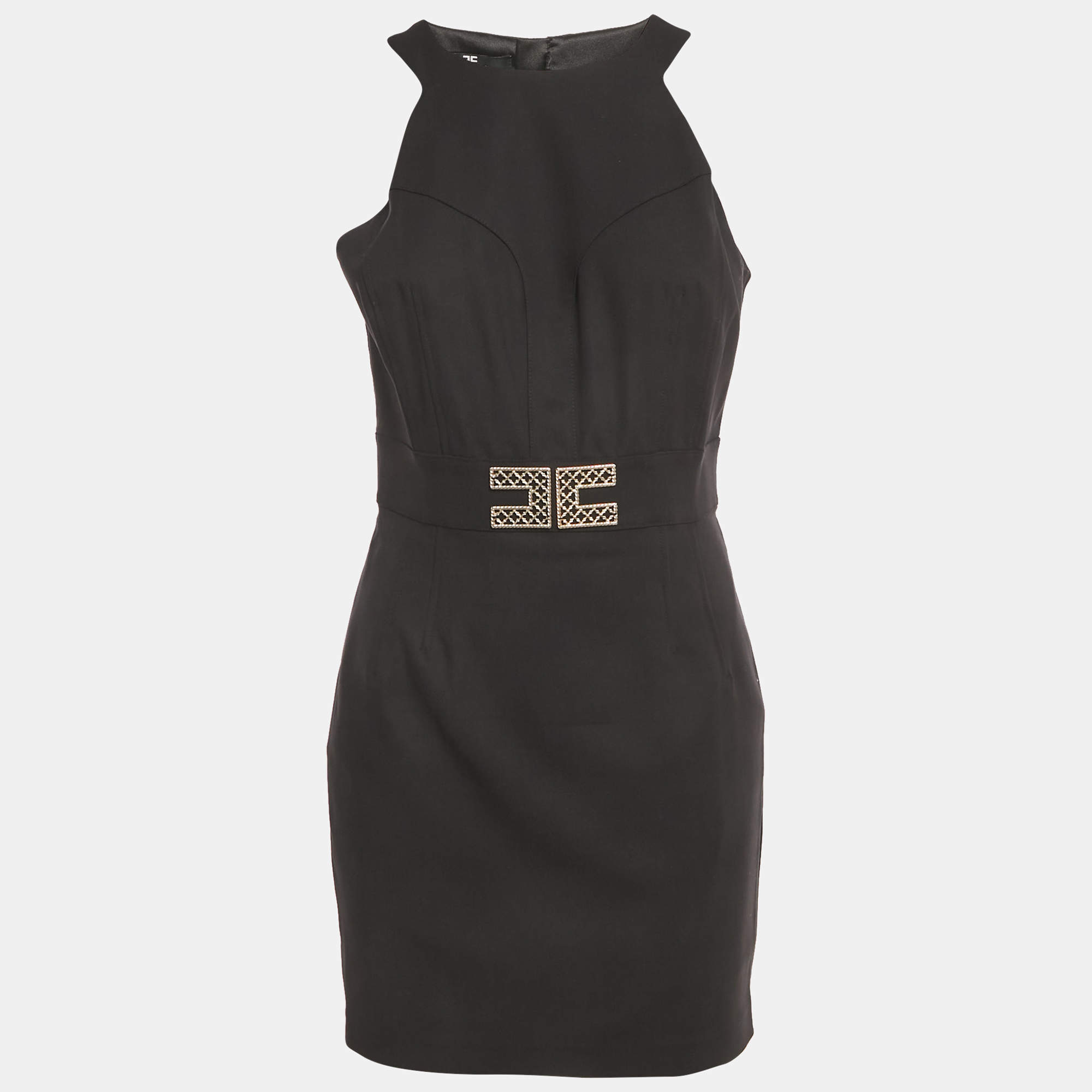 Pre Owned Elisabetta Franchi Black Jersey Logo Detail Mini Dress M