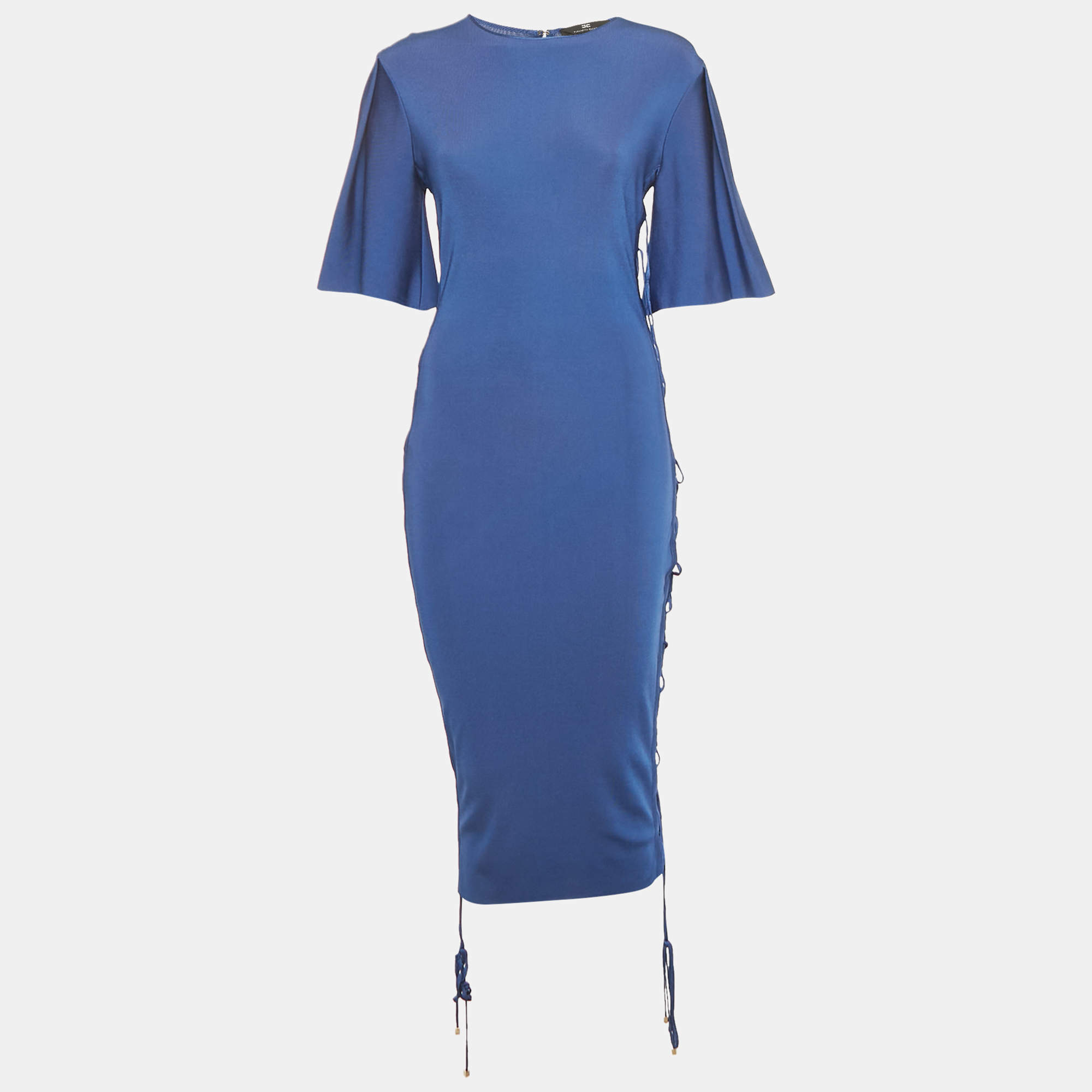Pre Owned Elisabetta Franchi Blue Jersey Lace Up Detail Bodycon Dress M