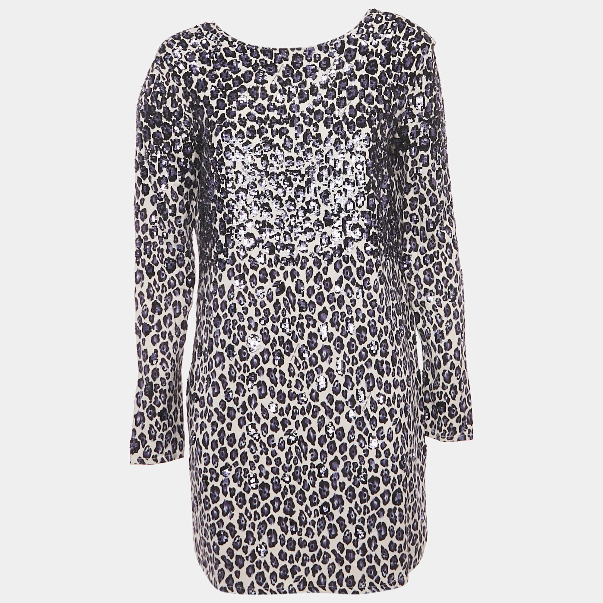 Pre Owned Elisabetta Franchi Beige/Black Leopard Print Crepe Sequin Embellished Mini Dress M