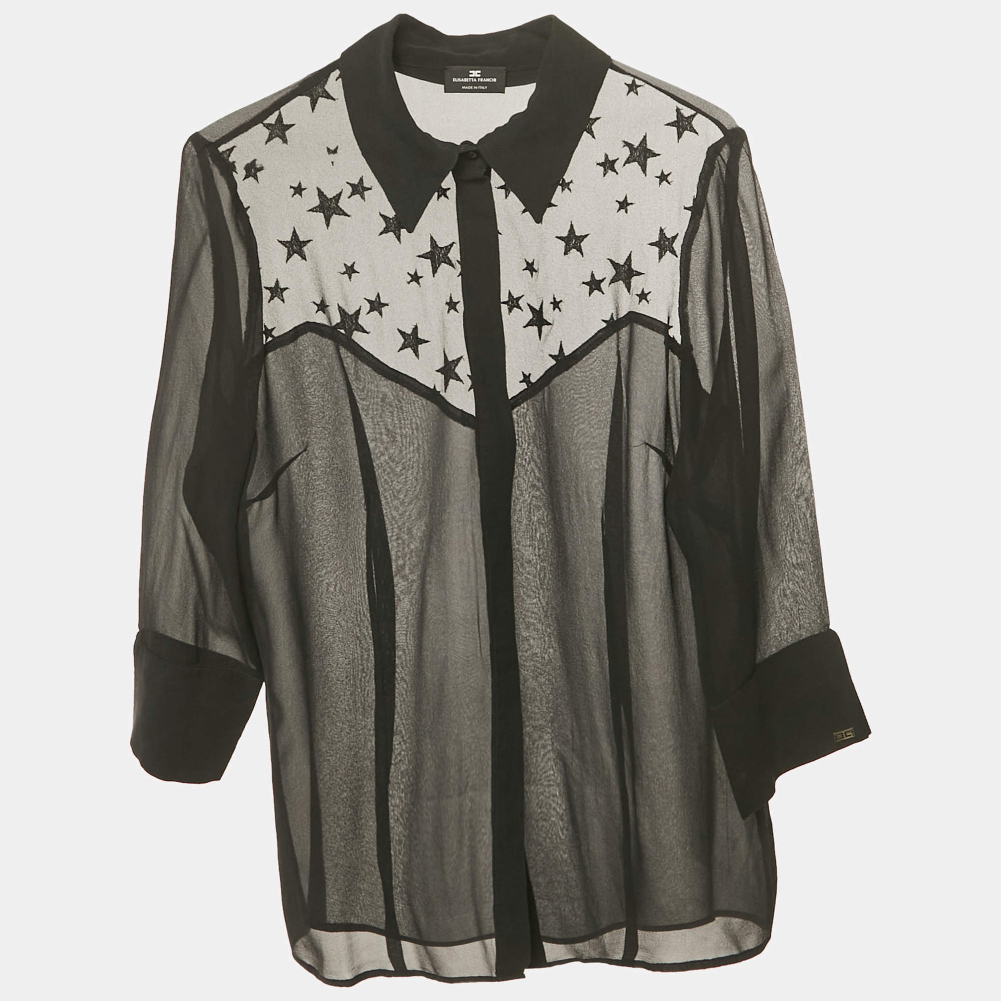 Pre Owned Elisabetta Franchi Black Tulle Trim Chiffon Shirt M