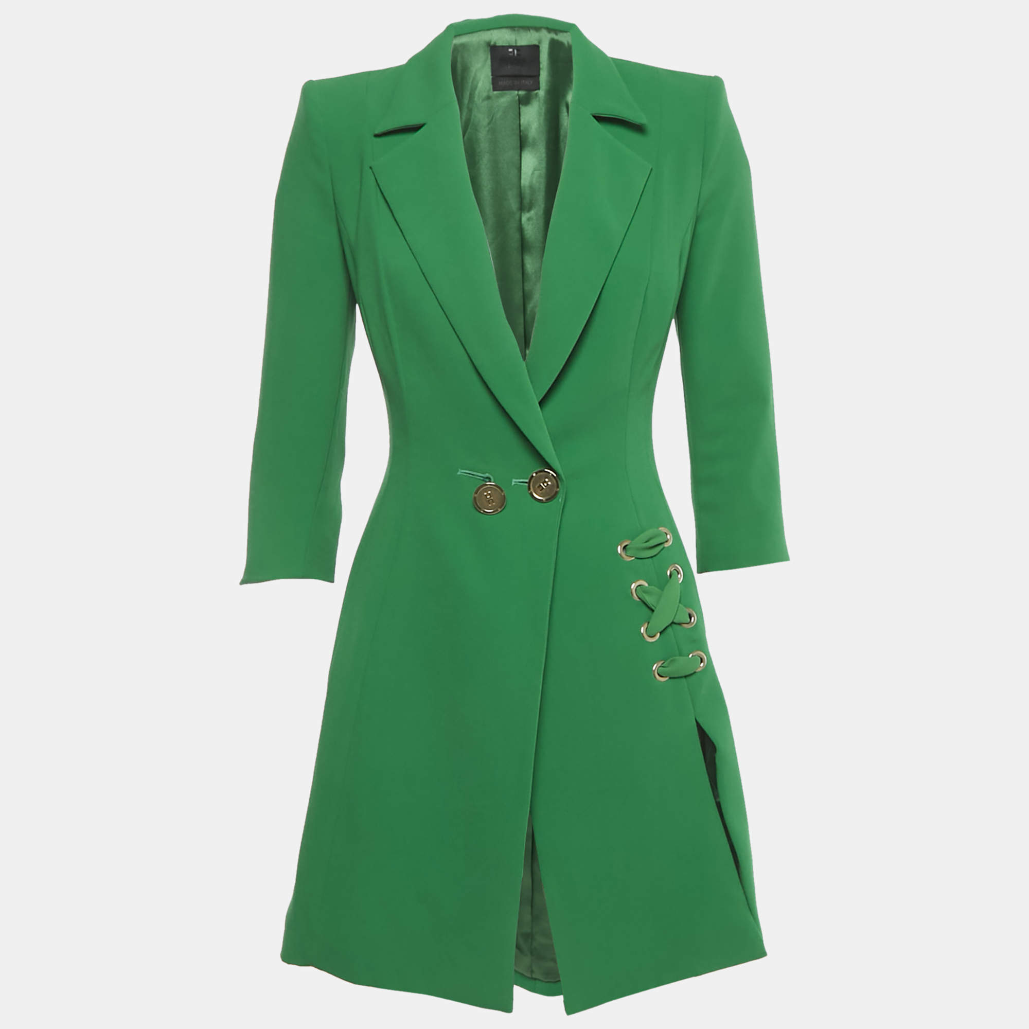 Pre Owned Elisabetta Franchi Green Crepe Lace-Up Detail Mini Coat Dress S
