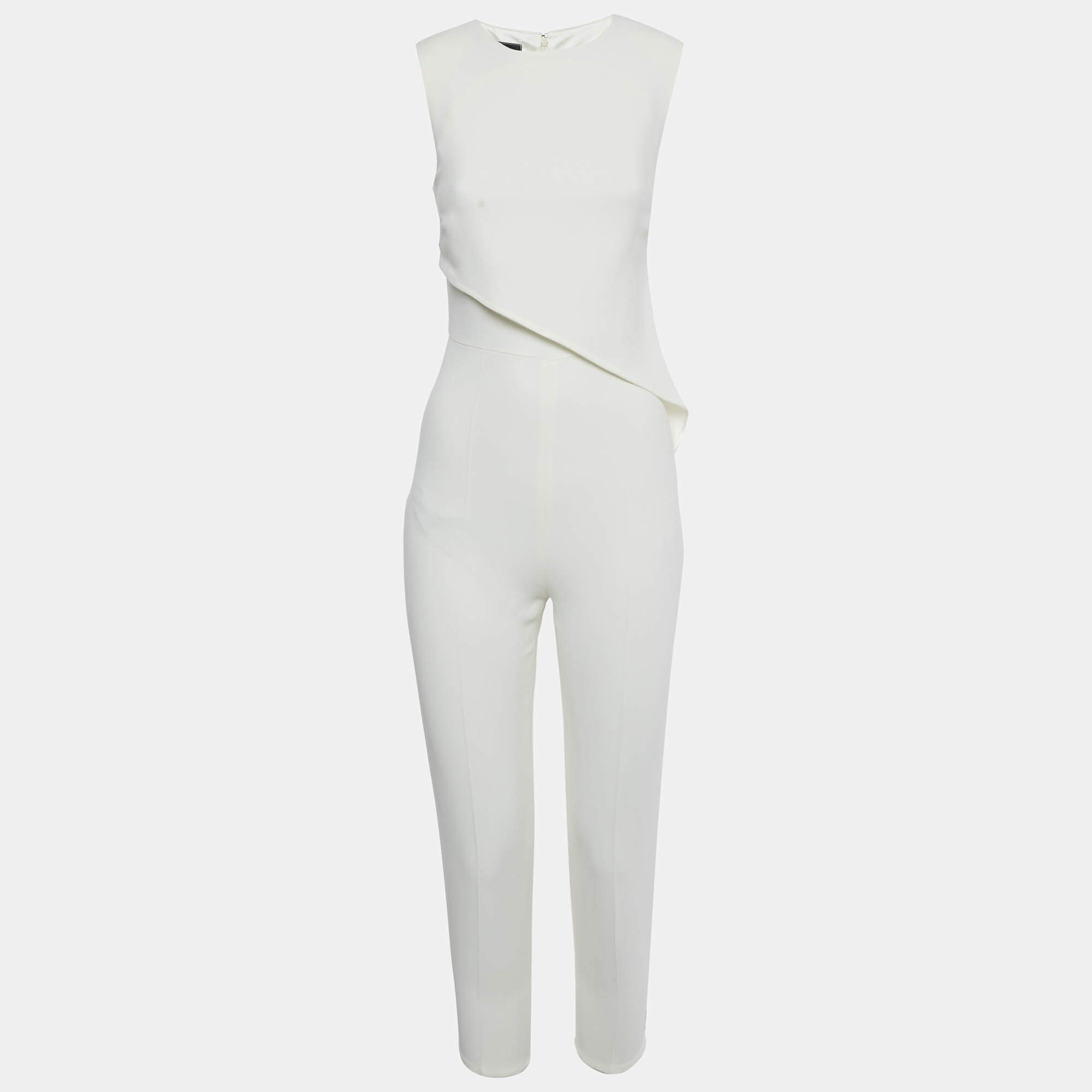Pre Owned Elisabetta Franchi Off White Crepe Asymmetric Belted Jumpsuit S 